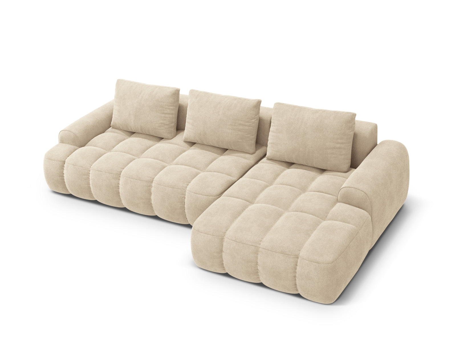 Entdecken Sie das Linz Velour Ecksofa rechts – ein elegantes 3-Sitzer Sofa mit Schlaffunktion und Stauraum, ideal für jeden Wohnraum.