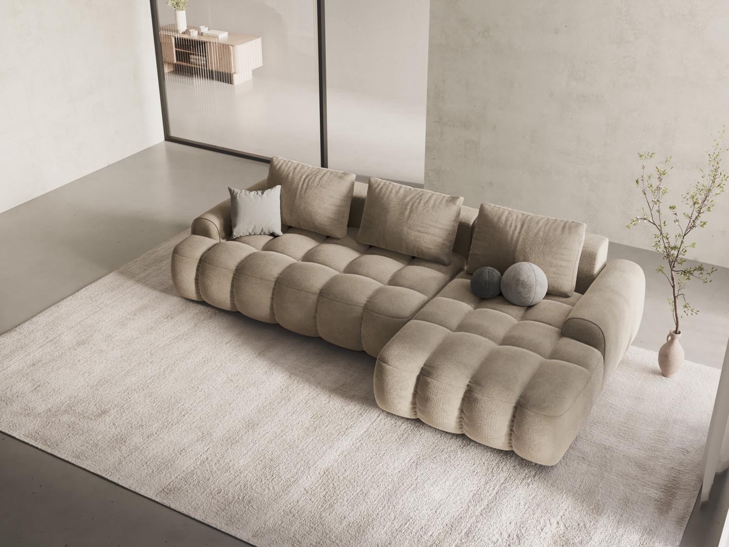 Entdecken Sie das elegante Linz Velour Ecksofa rechts mit Schlaffunktion und Stauraum. Ideal für stilvolle Wohnräume und Übernachtungsgäste.