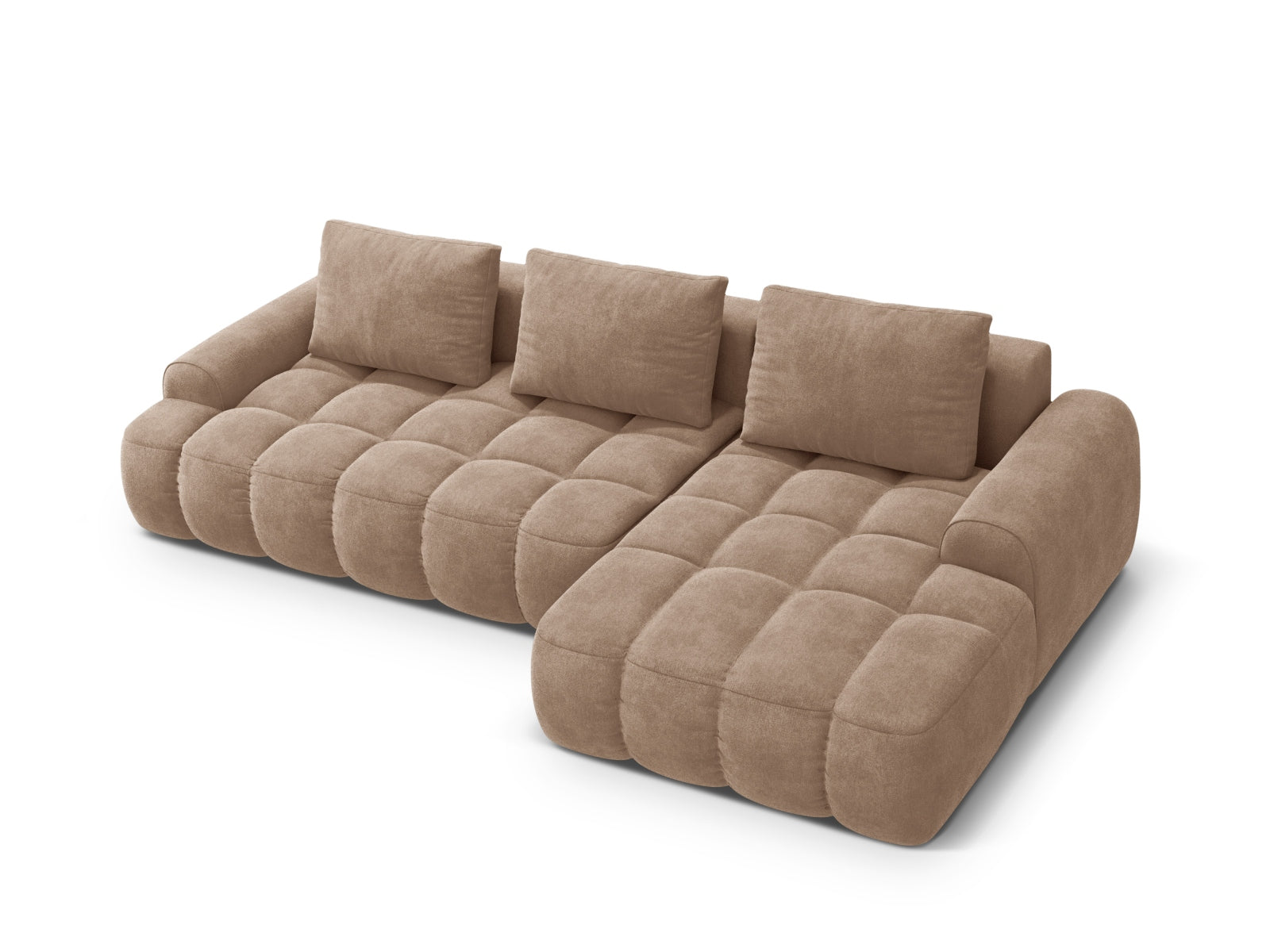 Entdecken Sie das Linz Velour Ecksofa rechts – ein elegantes 3-Sitzer Sofa mit Schlaffunktion und Stauraum, ideal für jeden Wohnraum.