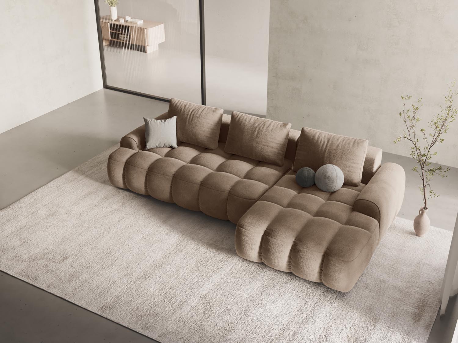 Entdecken Sie das elegante Linz Velour Ecksofa rechts mit Schlaffunktion und Stauraum. Ideal für stilvolle Wohnräume und flexible Nutzung.
