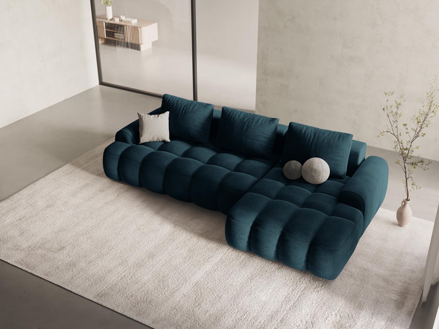 Modernes Linz Ecksofa rechts in Deep Petrol-Vogue mit Schlaffunktion und Stauraum, ideal für stilvolle Wohnräume.