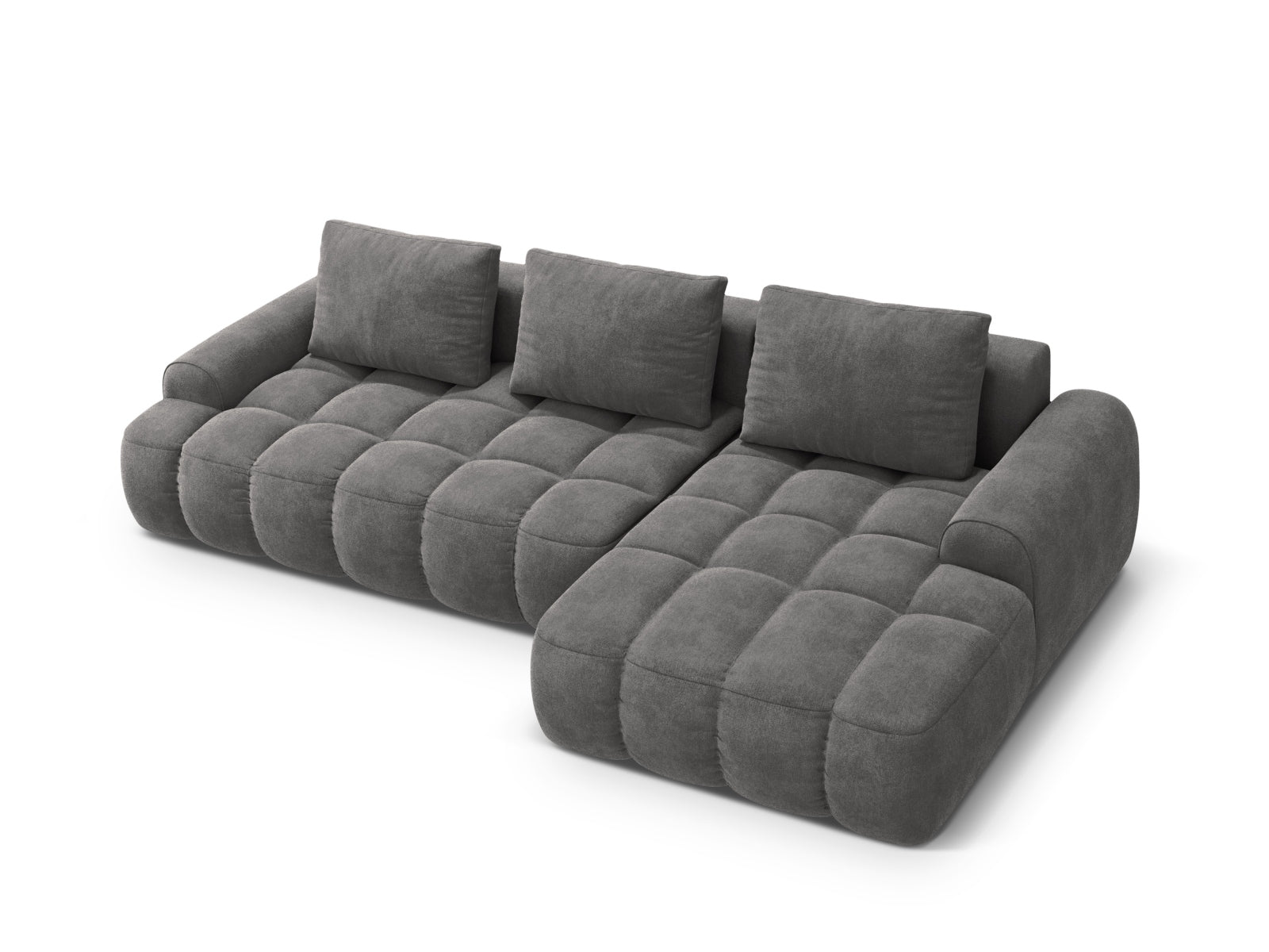 Entdecken Sie das Linz Velour Ecksofa rechts – ein elegantes 3-Sitzer Sofa mit Schlaffunktion und Stauraum, ideal für jeden Wohnraum.