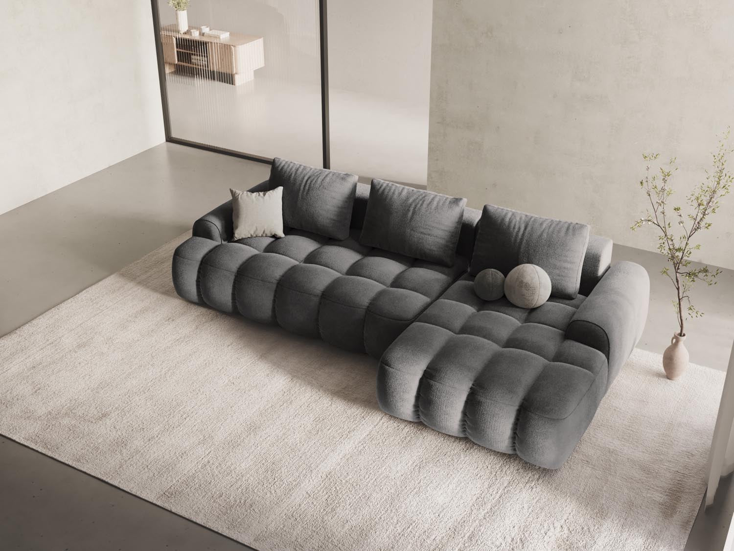 Entdecken Sie das elegante Linz Velour Ecksofa rechts mit Schlaffunktion und Stauraum. Ideal für stilvolle Wohnräume und flexible Nutzung.