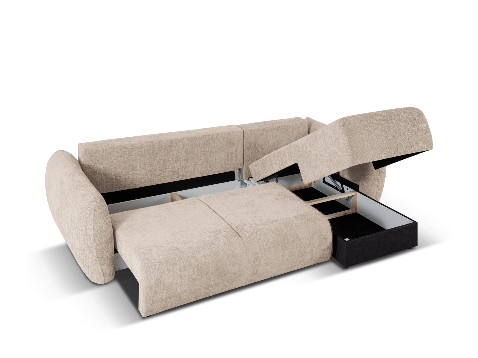 Beige 4-Sitzer Ecksofa Matera mit eleganter Schlaffunktion und integriertem Stauraum, ideal für moderne und gemütliche Wohnbereiche.