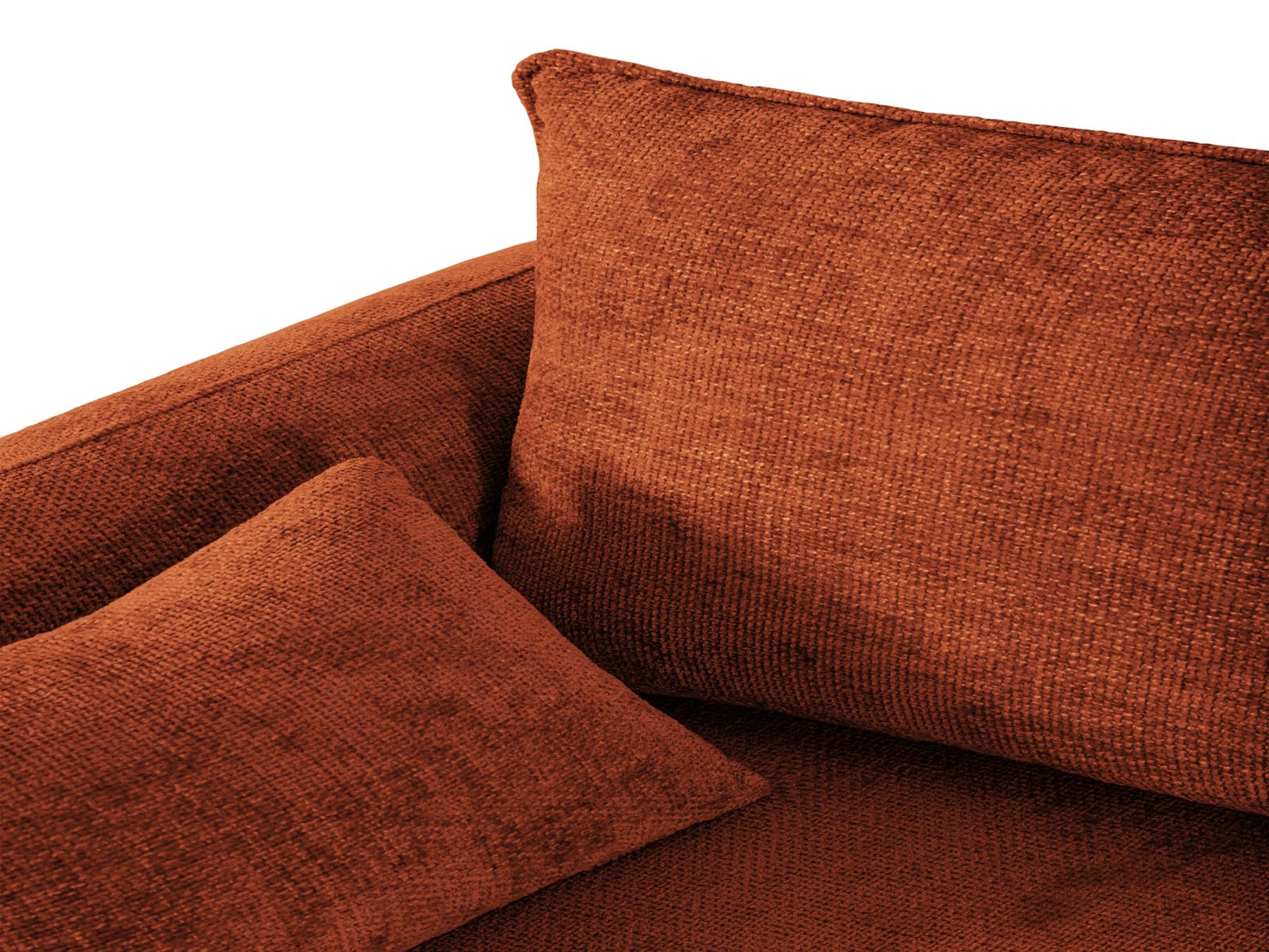 Stylisches 4-Sitzer Ecksofa Matera in warmem Terracotta, perfekt für entspannte Abende und bietet praktischen Stauraum für Kissen und Decken.