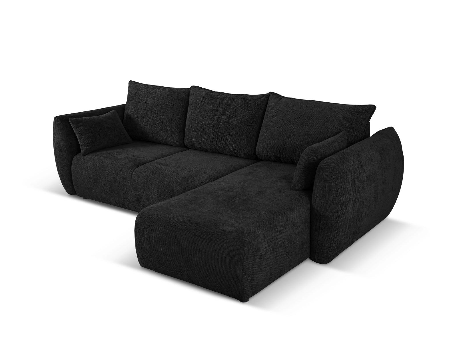 Stylisches 4-Sitzer Ecksofa Matera in Schwarz, ausgestattet mit Schlaffunktion und Stauraum, perfekt für kleine Räume und Übernachtungsgäste.