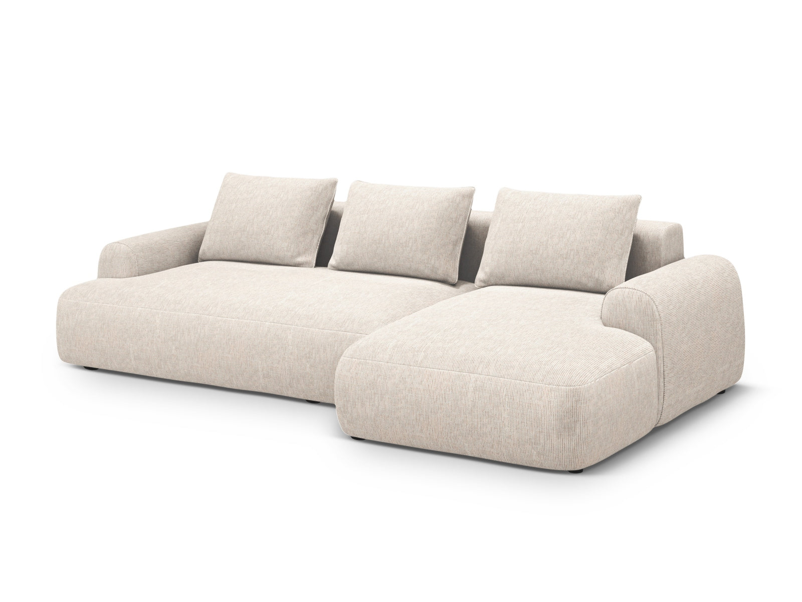 Elegantes 3-Sitzer Ecksofa Calma in hellem Beige, ideal für Wohnräume, mit praktischer Schlaffunktion und Stauraum.