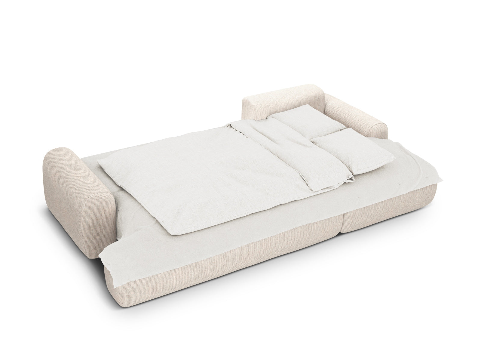 Elegantes 3-Sitzer Ecksofa Calma in hellem Beige, ideal für gemütliche Räume, ausgestattet mit Schlaffunktion und praktischem Stauraum.