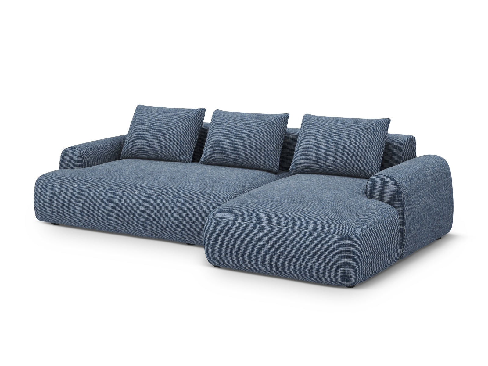 Elegantes 3-Sitzer Ecksofa Calma in Blau Melange mit praktischer Schlaffunktion und Stauraum, ideal für moderne Wohnräume.
