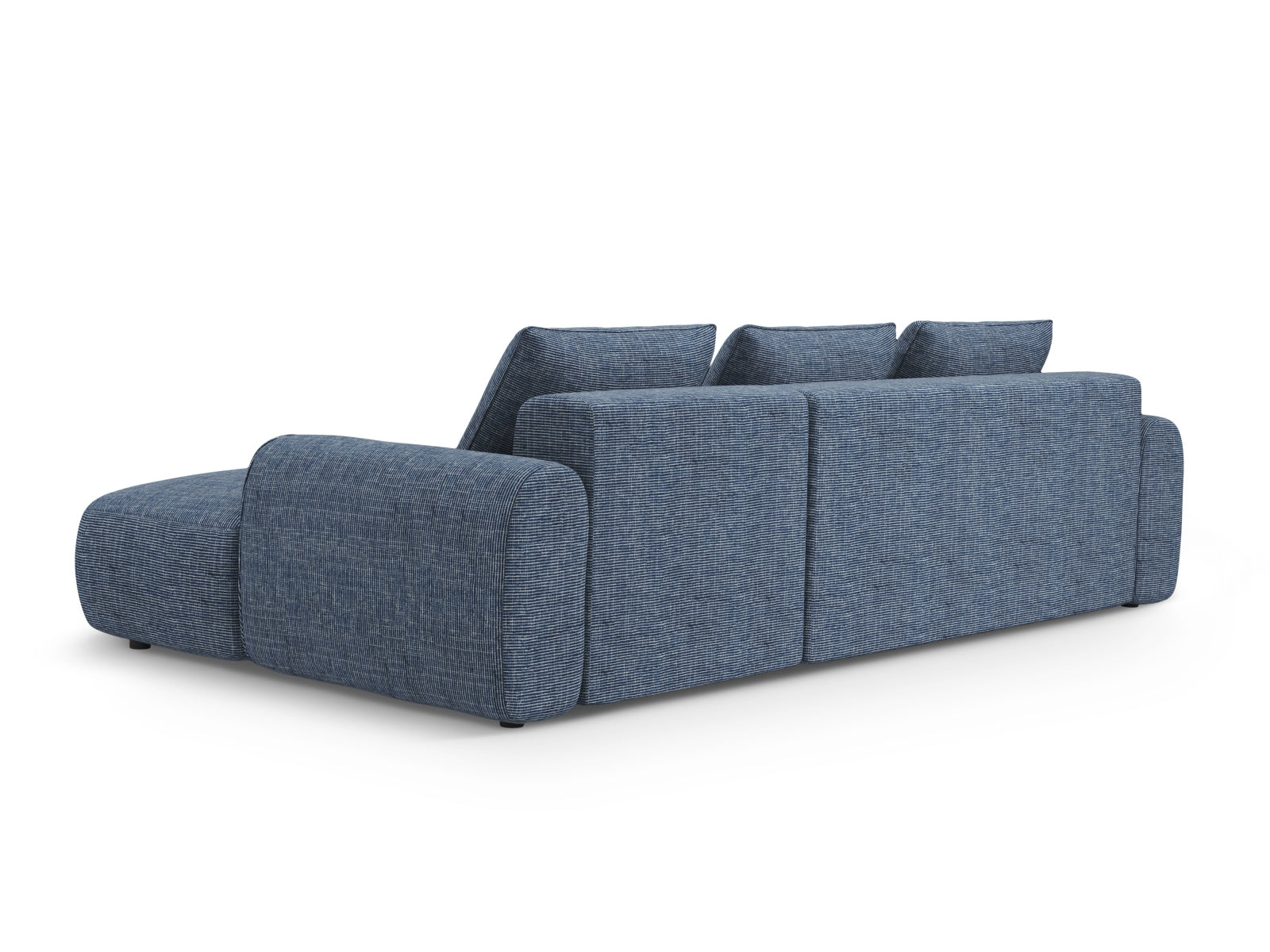 Modernes 3-Sitzer Ecksofa Calma in stilvollem Blau Melange, ausgestattet mit Schlaffunktion und cleverem Stauraum für vielseitige Nutzung.