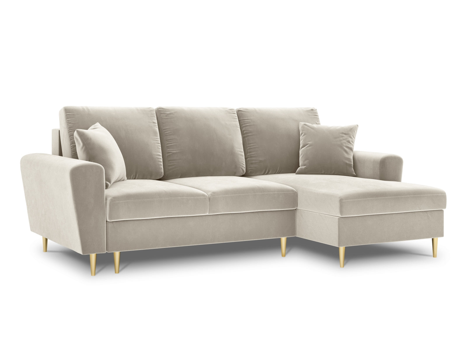 Elegantes Kyoto Ecksofa rechts mit Schlaffunktion, 4-Sitzer in hellem Beige, bietet zusätzlichen Stauraum und modernen Komfort für Ihr Zuhause.