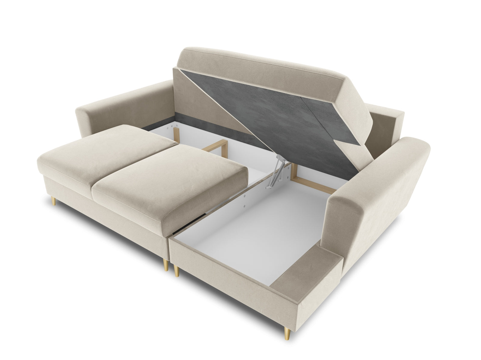 Elegantes Kyoto Ecksofa rechts mit Schlaffunktion, 4-Sitzer in hellem Beige, perfekt für entspannte Stunden und zusätzlichen Stauraum.