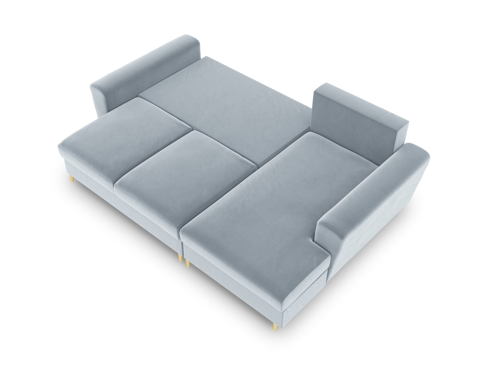 Stylisches Kyoto Ecksofa rechts mit Schlaffunktion und Stauraum, 4-Sitzer, 145 cm, in sanftem Light Blue-Riviera, ideal für moderne Wohnräume.