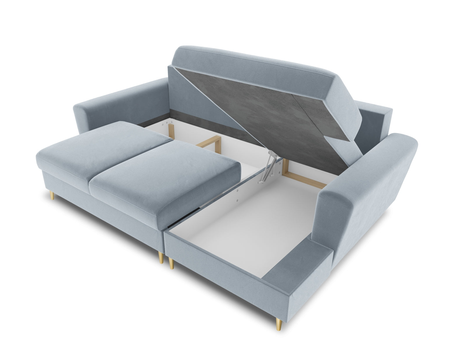 Elegantes Kyoto Ecksofa rechts mit Schlafoption und Stauraum, 4-Sitzer, 145 cm, in zartem Light Blue-Riviera, perfekt für stilvolle Interiors.