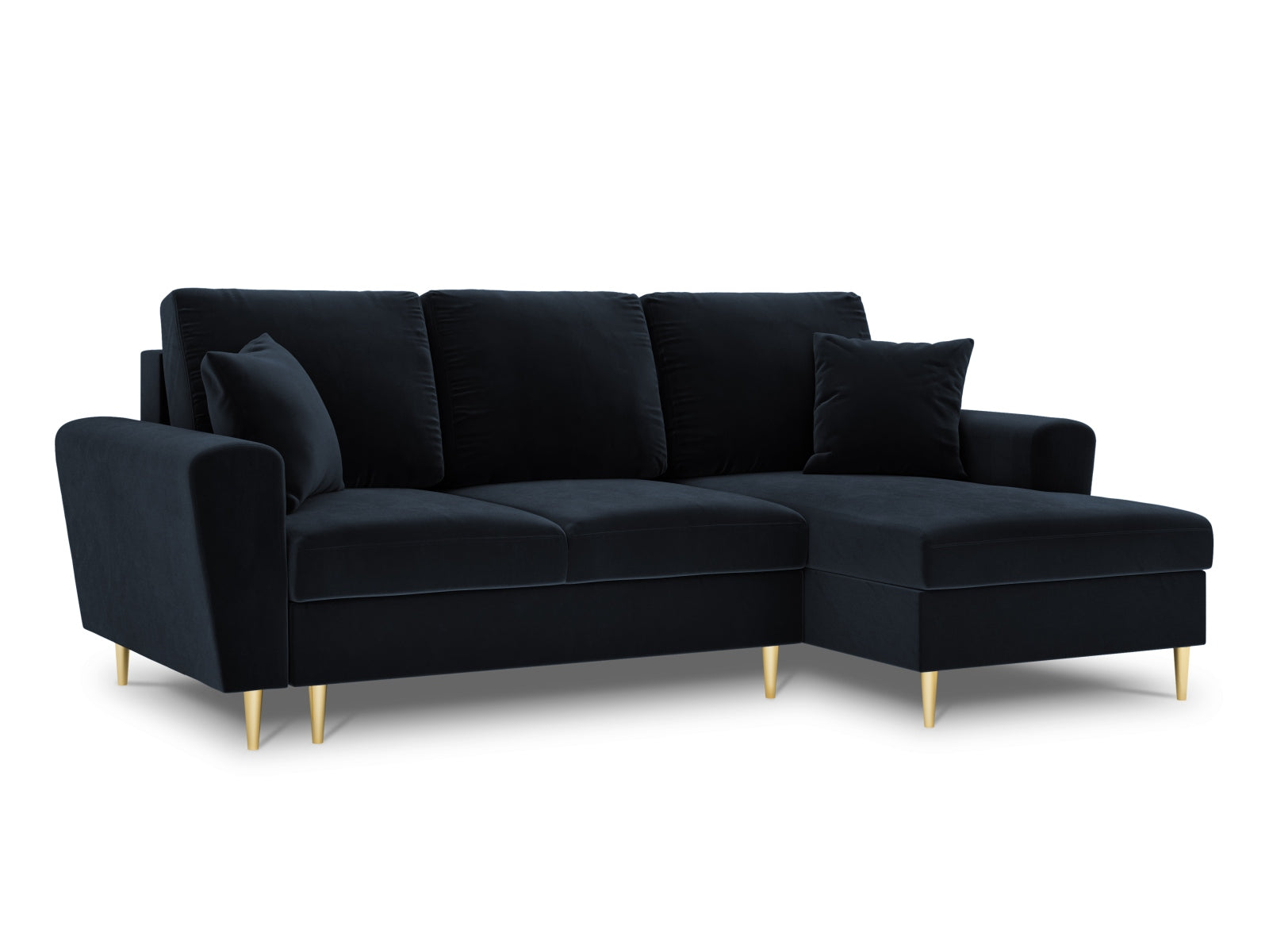 Elegantes Kyoto Ecksofa rechts mit Schlaffunktion, 4-Sitzer, 145 cm, in stilvollem Dunkelblau, perfekt für gemütliche Wohnbereiche.