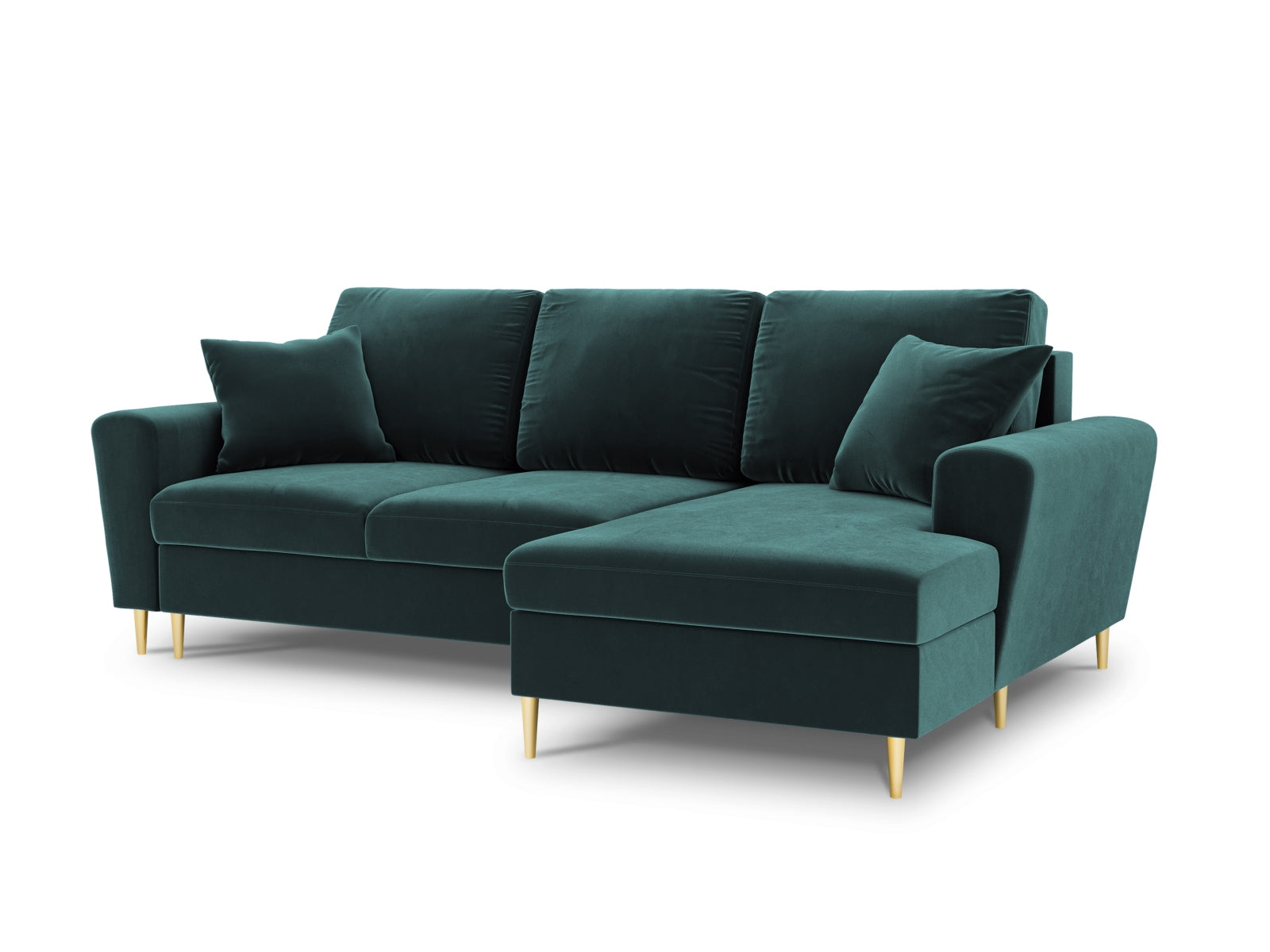 Kyoto Velour Ecksofa rechts mit Schlaffunktion und Stauraumbox 4 Sitzer 145cm in Petrol-Riviera präsentiert im Onlineshop von KAQTU Design AG. Bettsofa rechts ist von Cosmopolitan Design