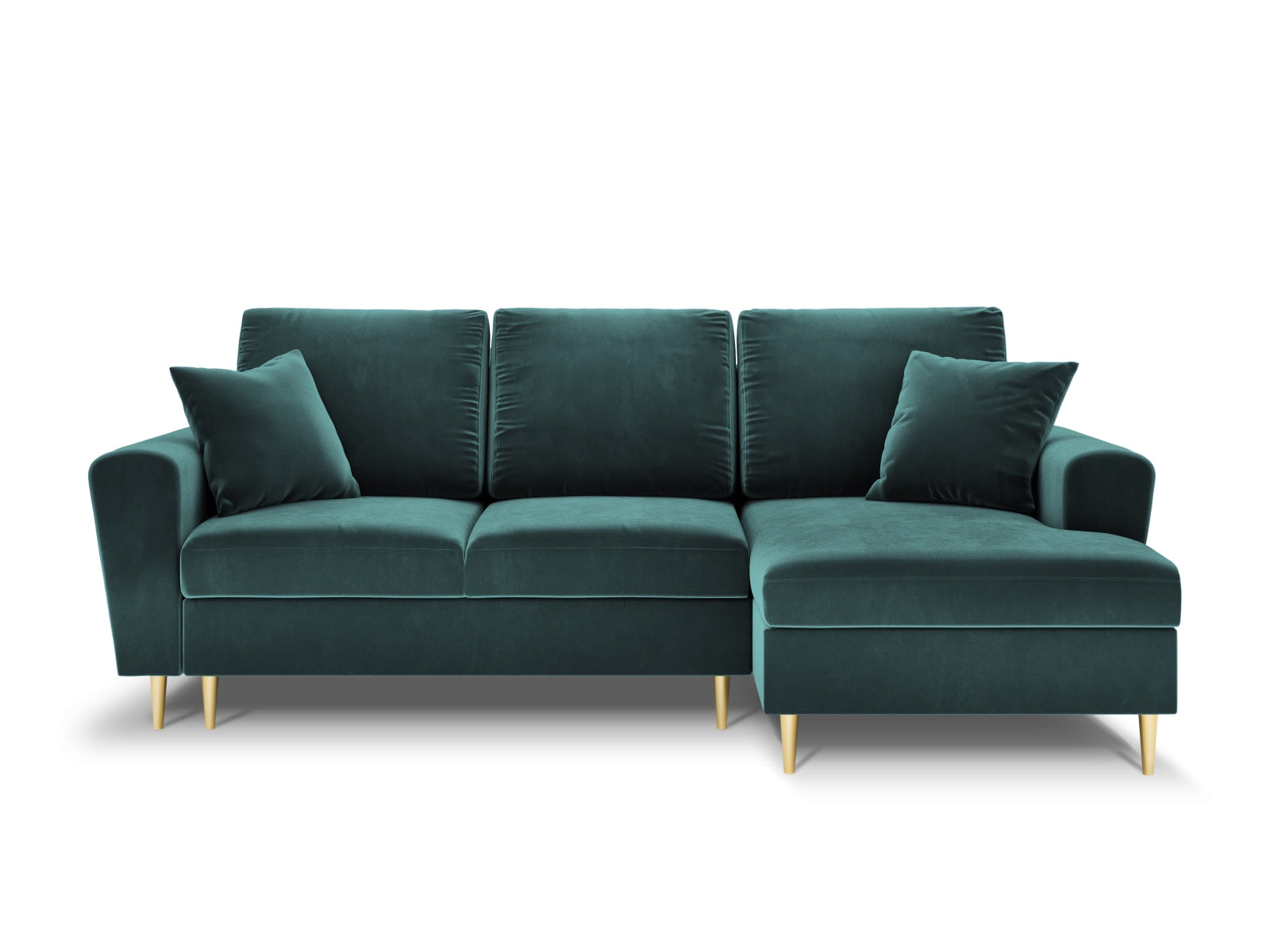 Kyoto Velour Ecksofa rechts mit Schlaffunktion und Stauraumbox 4 Sitzer 145cm in Petrol präsentiert im Onlineshop von KAQTU Design AG. Ecksofa rechts ist von Cosmopolitan Design