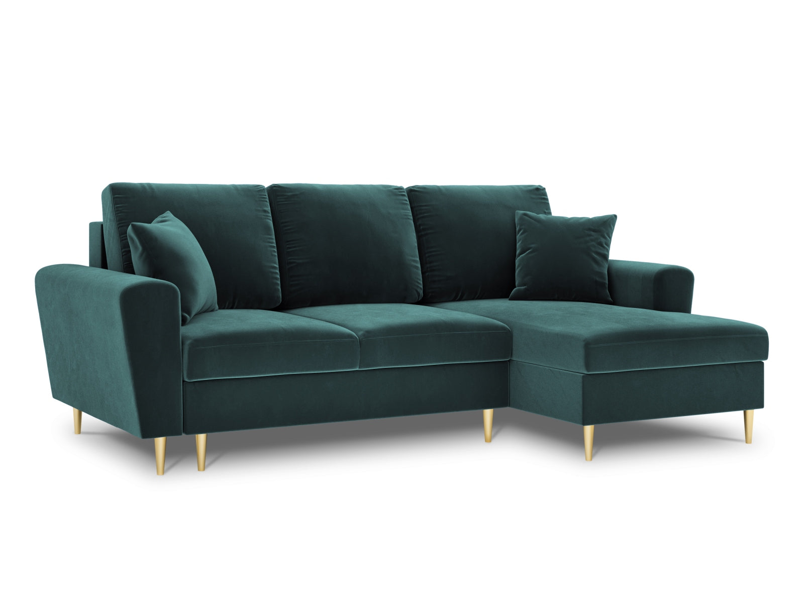 Kyoto Velour Ecksofa rechts mit Schlaffunktion und Stauraumbox 4 Sitzer 145cm in Petrol präsentiert im Onlineshop von KAQTU Design AG. Ecksofa rechts ist von Cosmopolitan Design