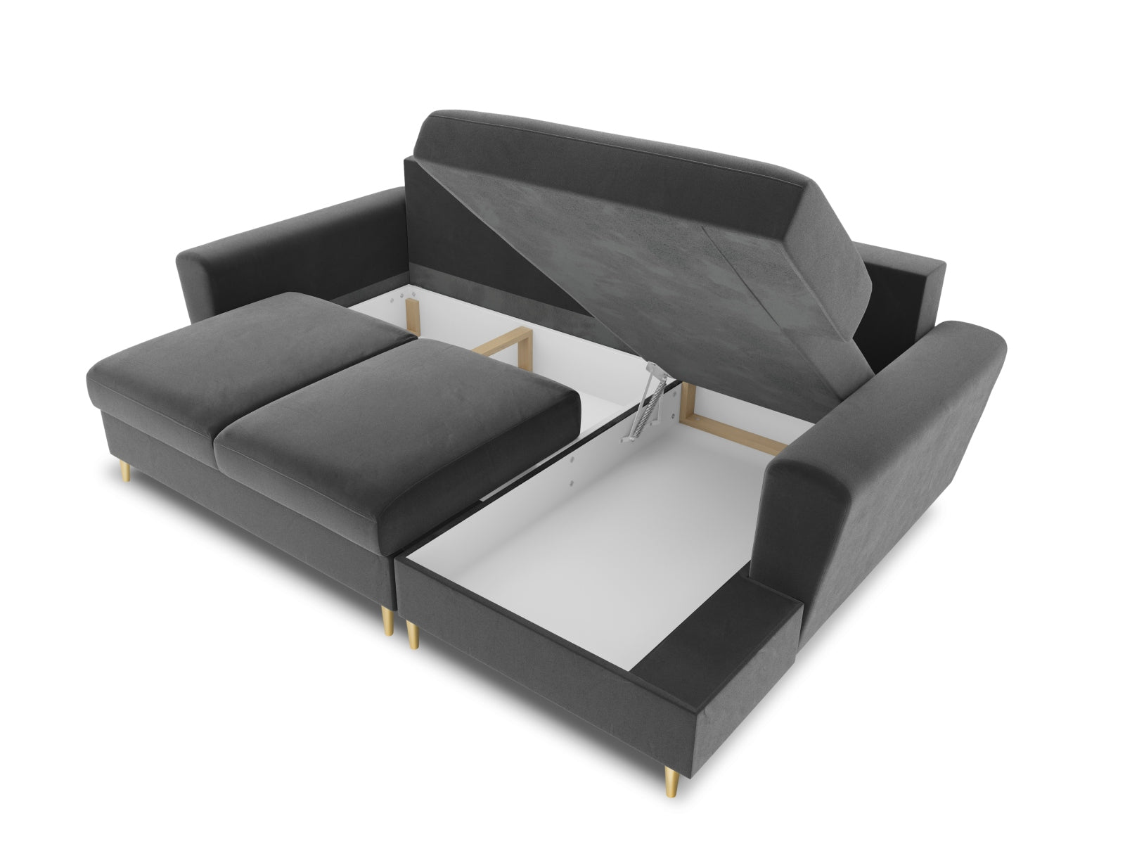 Modernes Kyoto Ecksofa rechts mit Schlafoption, 4-Sitzer in elegantem Grau, perfekt für entspannte Stunden und zusätzlichen Stauraum.