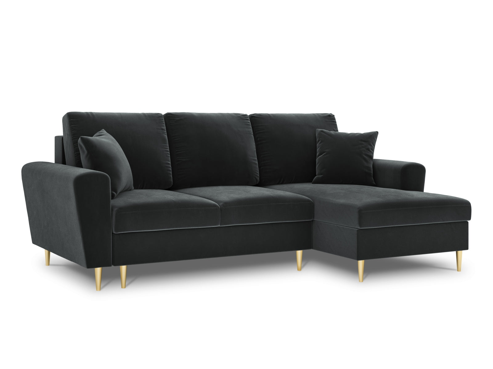 Elegantes Kyoto Ecksofa rechts mit Schlaffunktion, 4-Sitzer in dunklem Grau, bietet zusätzlichen Stauraum für ein modernes Wohnambiente.