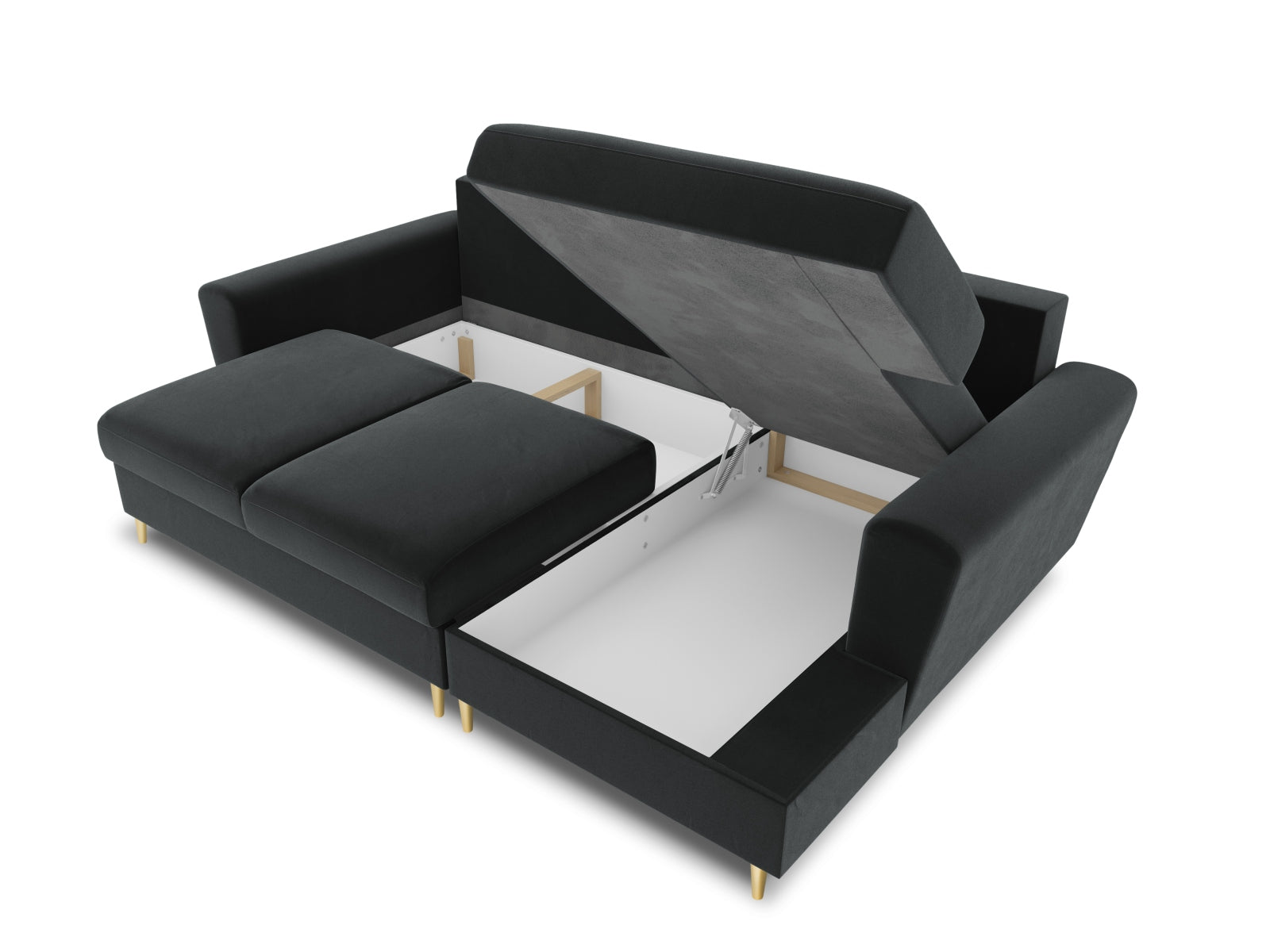 Modernes Kyoto Ecksofa rechts mit Schlaffunktion und Stauraum, 4-Sitzer in elegantem Dunkelgrau, perfekt für kleine Räume.