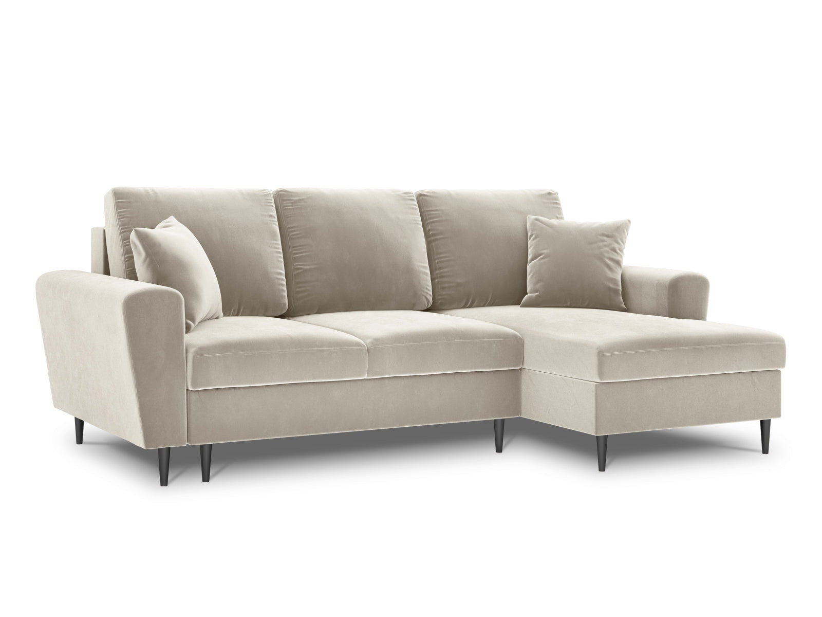 Elegantes Kyoto Ecksofa rechts mit Schlaffunktion, 4-Sitzer in hellem Beige, perfekt für gemütliche Abende und praktischen Stauraum.