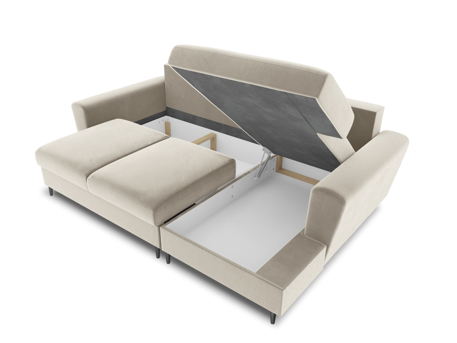 Elegantes Kyoto Ecksofa rechts mit Schlaffunktion, 4-Sitzer in hellem Beige, perfekt für gemütliche Abende und praktischen Stauraum.