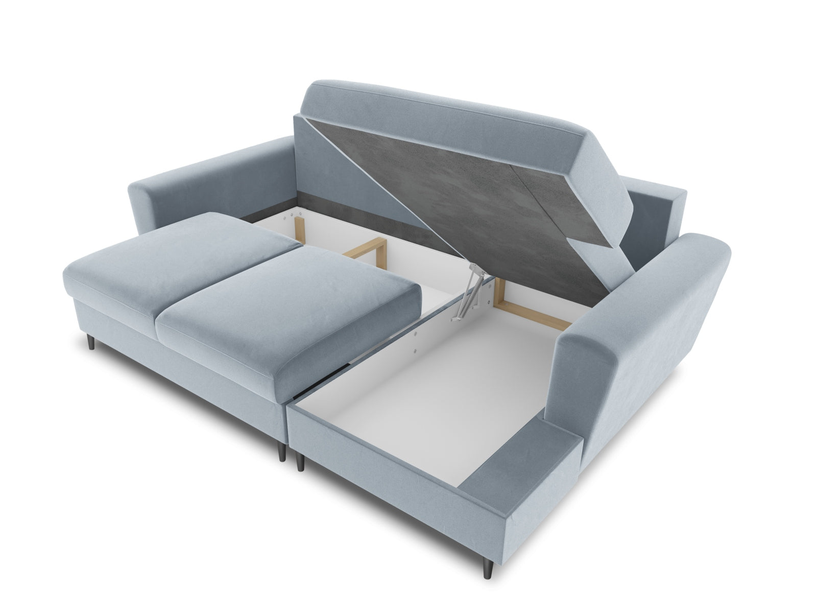 Stylisches Kyoto Ecksofa rechts mit Schlaffunktion und Stauraum, 4-Sitzer, 145 cm, in zartem Light Blue-Riviera für modernen Komfort.