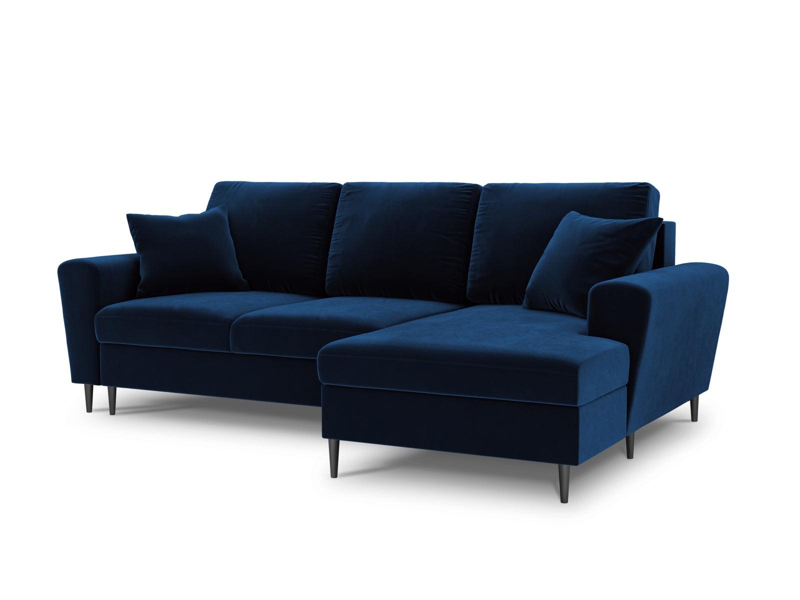 Stylisches Kyoto Ecksofa rechts mit Schlaffunktion, 4-Sitzer, 145 cm, in Royal Blue-Riviera, vereint modernes Design mit nützlichem Stauraum.