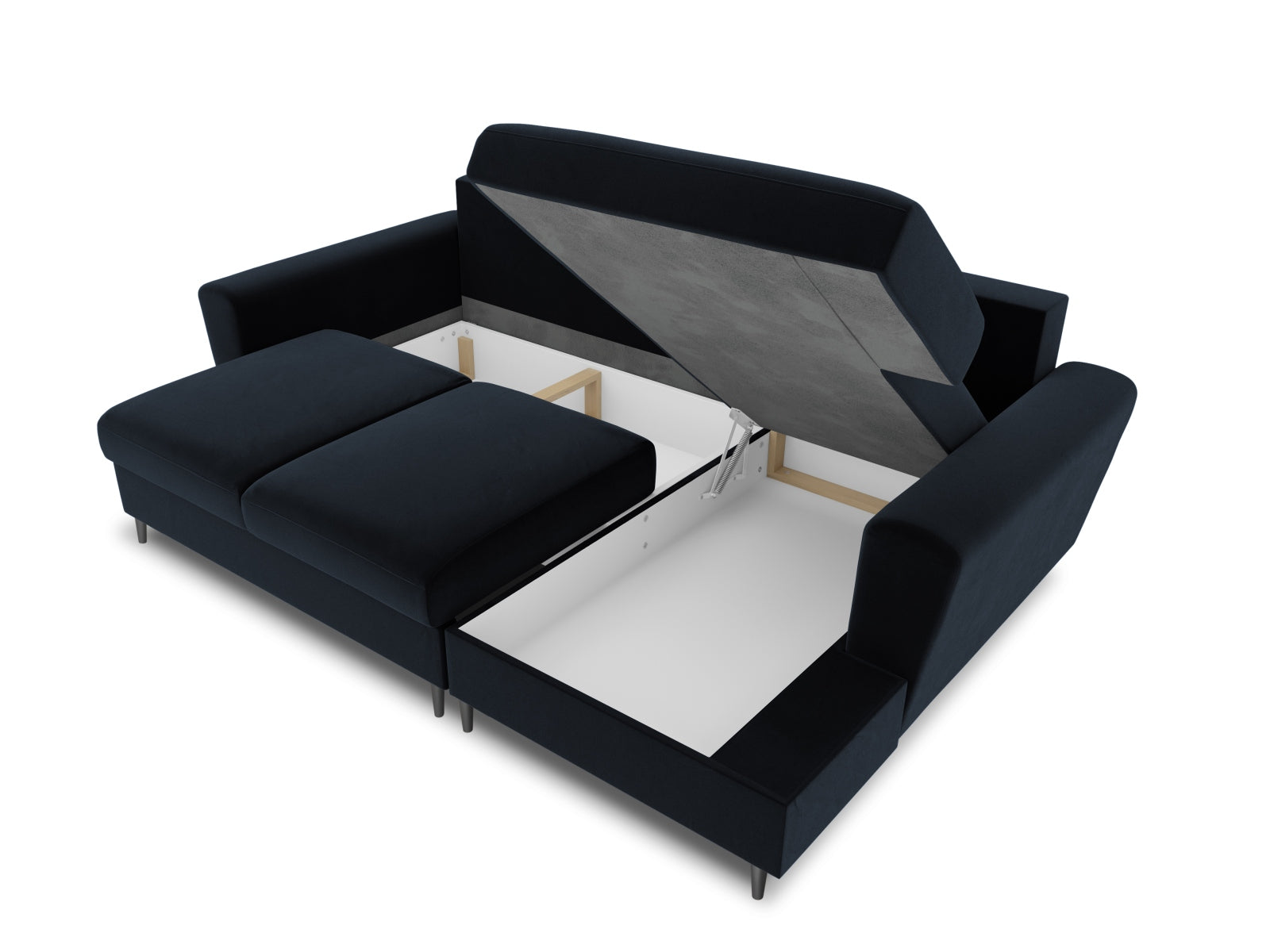 Stylisches Kyoto Ecksofa rechts mit Schlaffunktion und praktischer Stauraumbox, 4-Sitzer, 145 cm, in elegantem Blau für jeden Wohnraum.