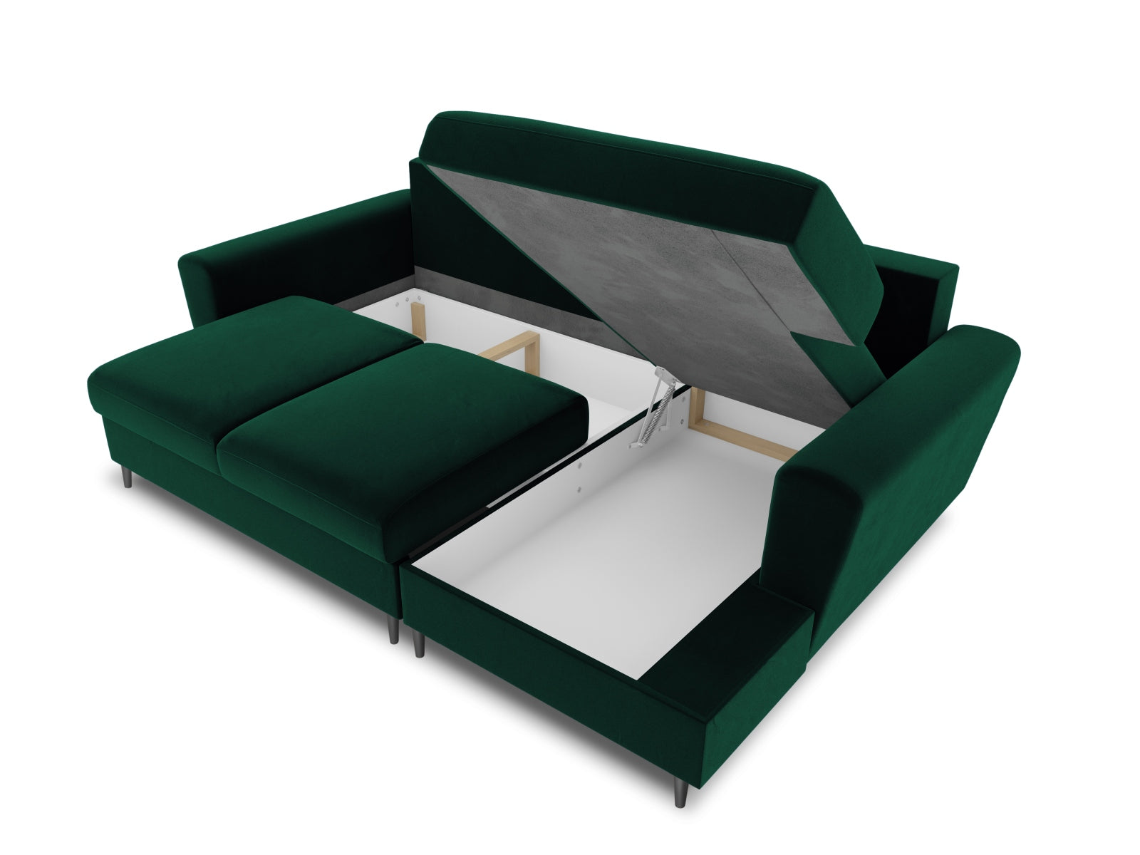 Modernes Kyoto Ecksofa rechts in sattem Grün, 4-Sitzer mit integrierter Schlaffunktion und Stauraum, ideal für gemütliche Wohnräume.