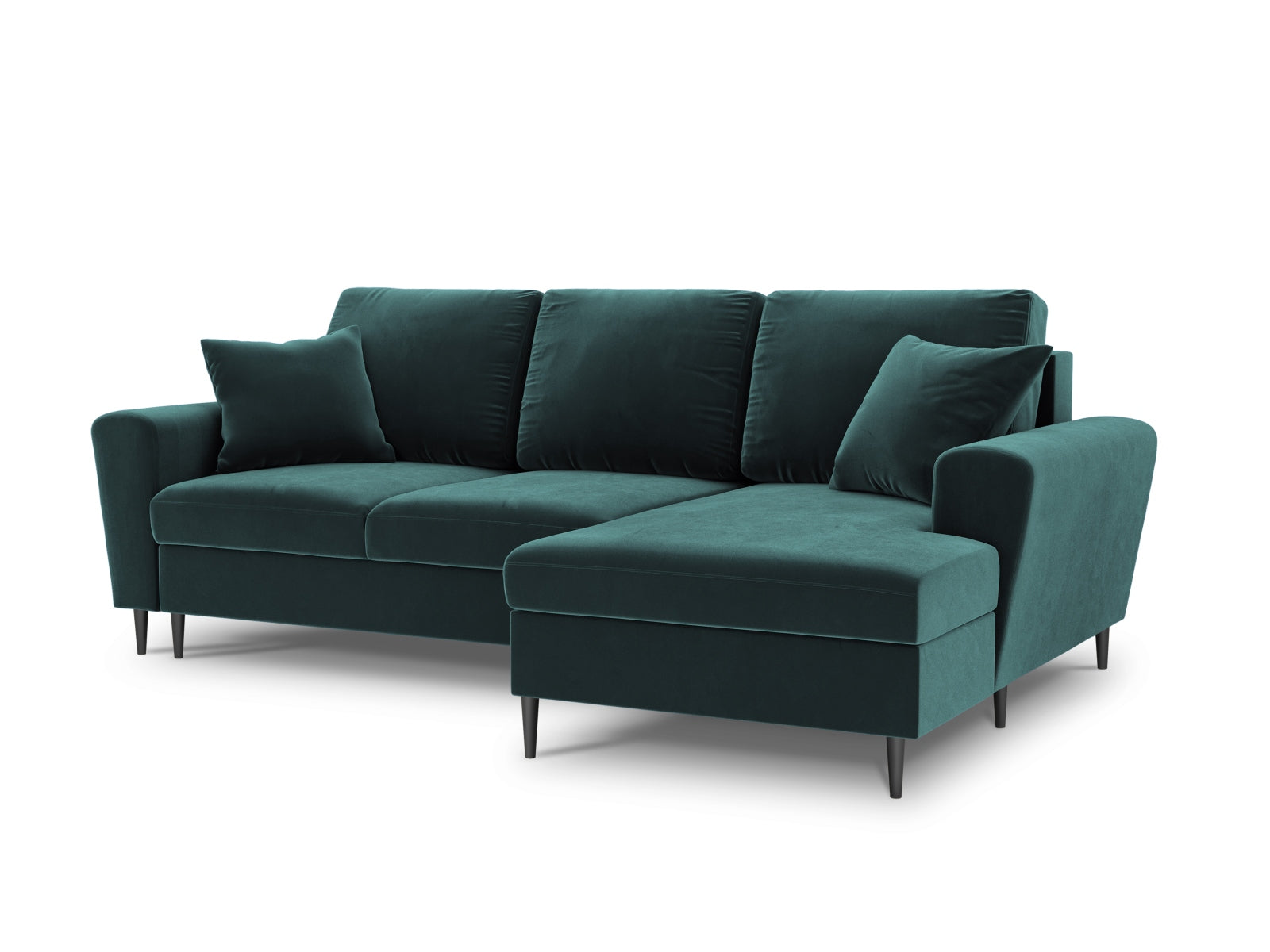 Kyoto Velour Ecksofa rechts mit Schlaffunktion und Stauraumbox 4 Sitzer 145cm in Petrol präsentiert im Onlineshop von KAQTU Design AG. Ecksofa rechts ist von Cosmopolitan Design