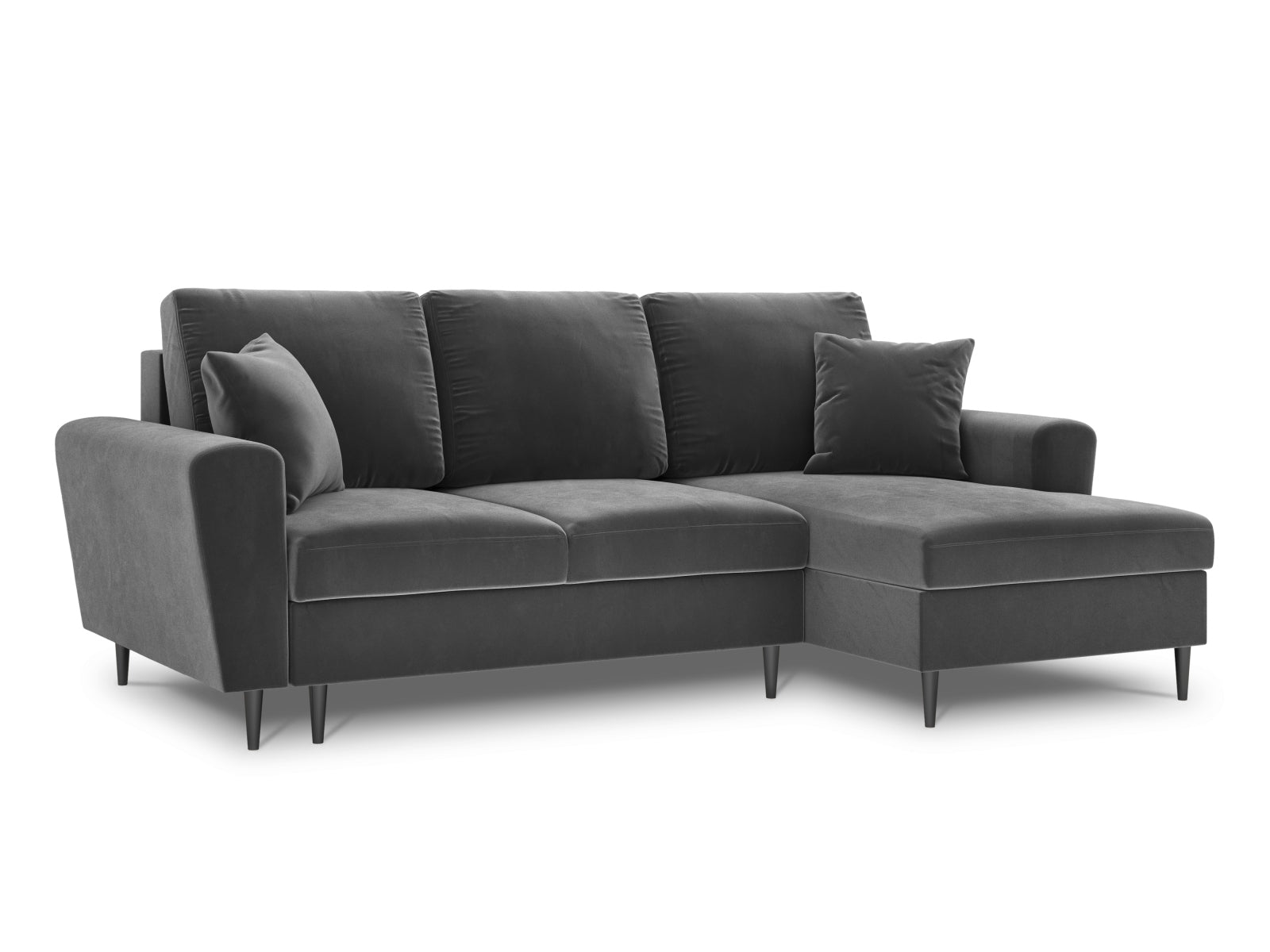 Modernes Kyoto Ecksofa rechts mit Schlafoption und Stauraum, 4-Sitzer in elegantem Grau, perfekt für kleine Räume und vielseitige Nutzung.