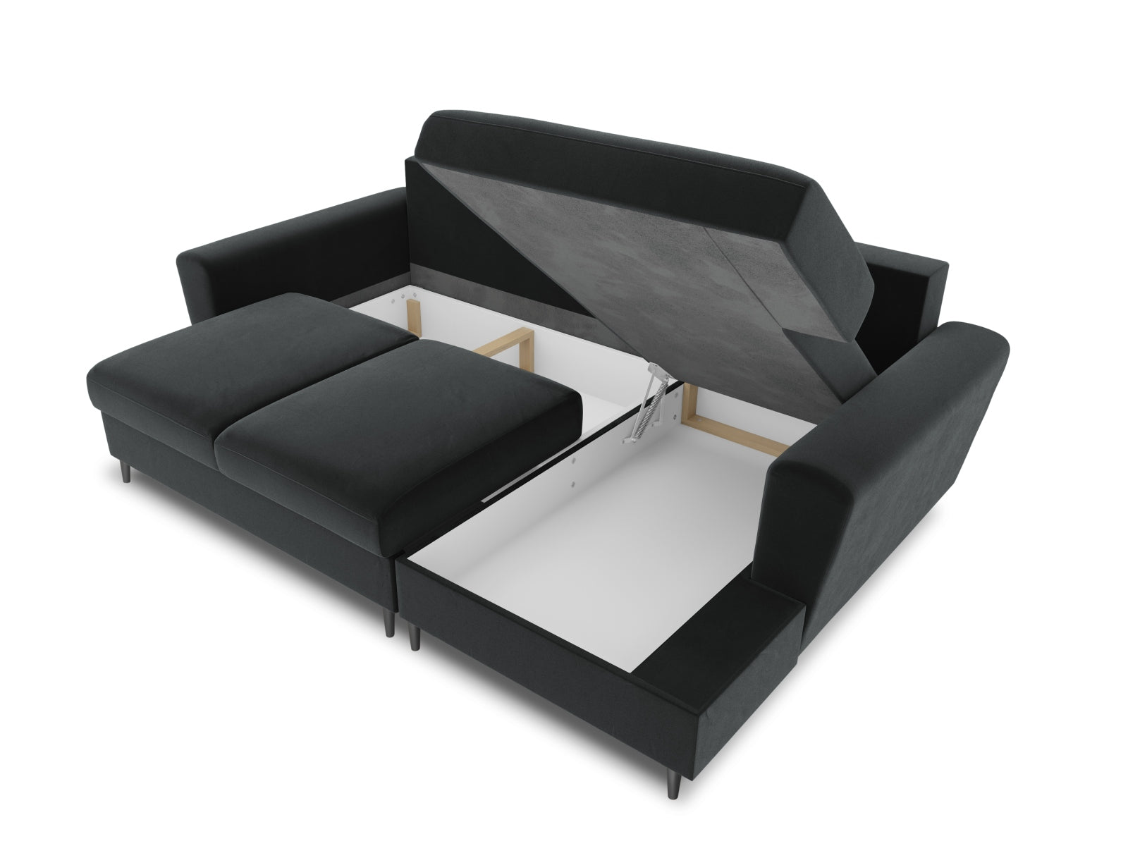 Elegantes Kyoto Ecksofa rechts mit Schlaffunktion und Stauraum, 4-Sitzer in modernem Dunkelgrau, perfekt für kleine Räume.