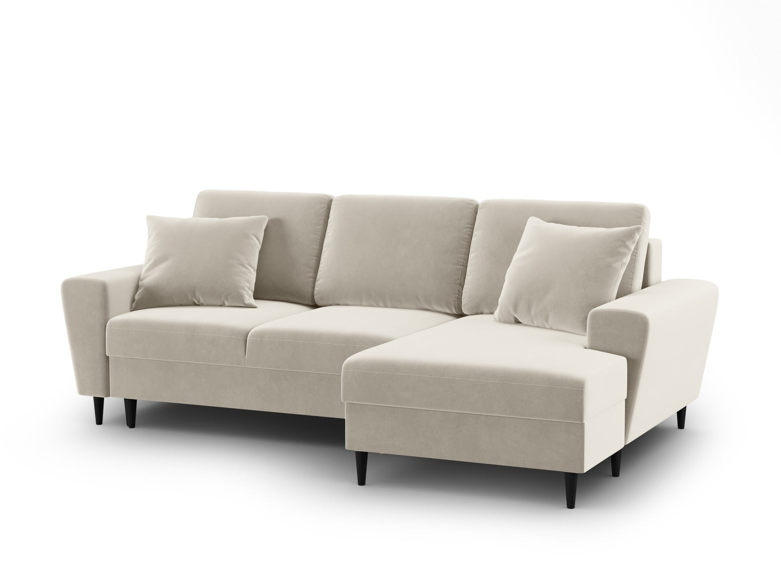 Entdecken Sie das Kyoto Velour Ecksofa rechts – ein elegantes 4-Sitzer Sofa mit Schlaffunktion und Stauraum, ideal für Ihr modernes Wohnzimmer.