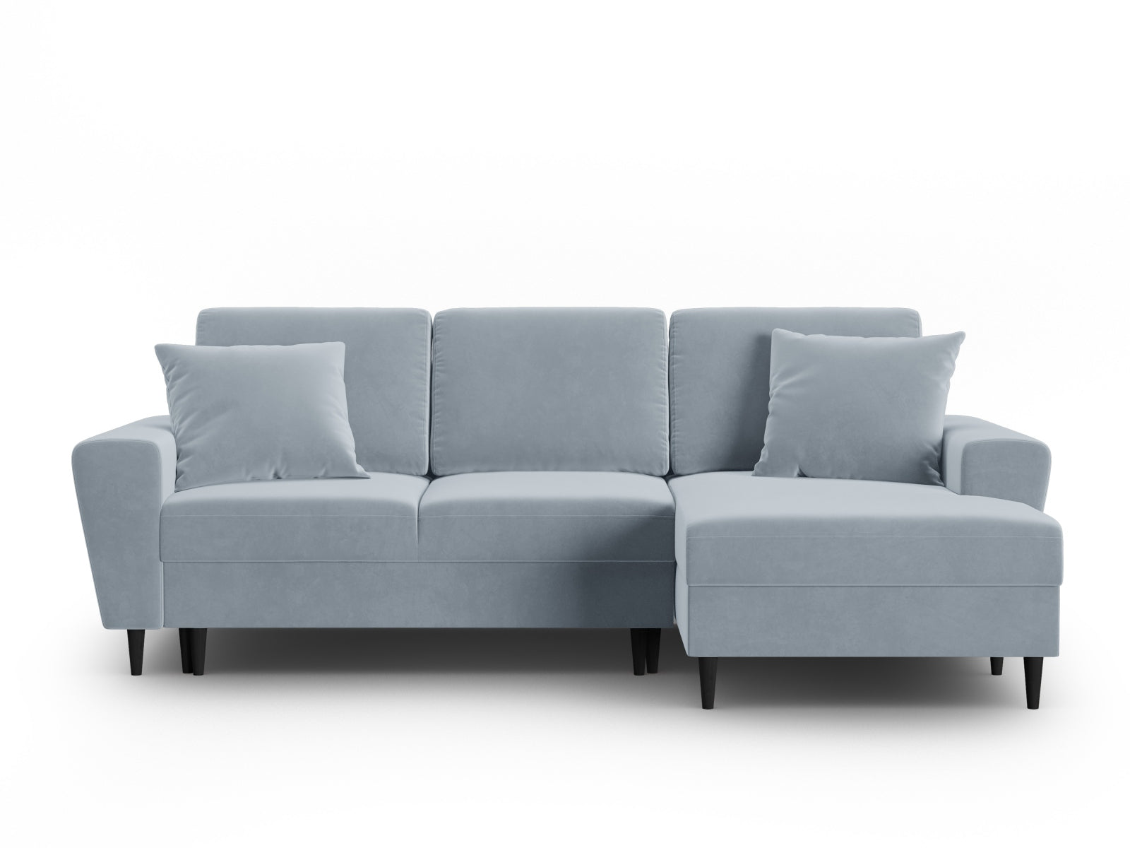 Stylisches Kyoto Ecksofa rechts mit Schlaffunktion und Stauraum, 4-Sitzer, 145 cm, in zartem Light Blue-Riviera für modernes Interieur.