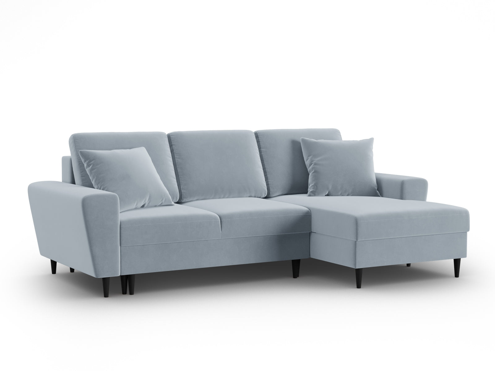 Elegantes Kyoto Ecksofa rechts mit Schlafoption und Stauraum, 4-Sitzer, 145 cm, in sanftem Light Blue-Riviera für zeitgemäße Wohnräume.