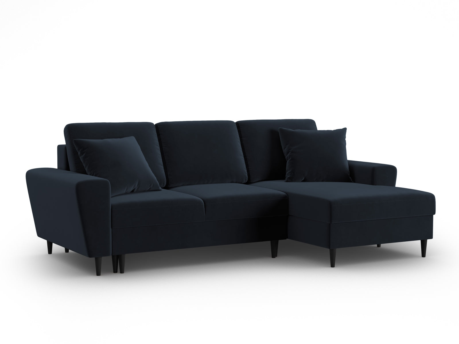 Modernes Kyoto Ecksofa rechts mit Schlafoption und Stauraum, 4-Sitzer, 145 cm, in stilvollem Blau, ideal für gemütliche Wohnräume.