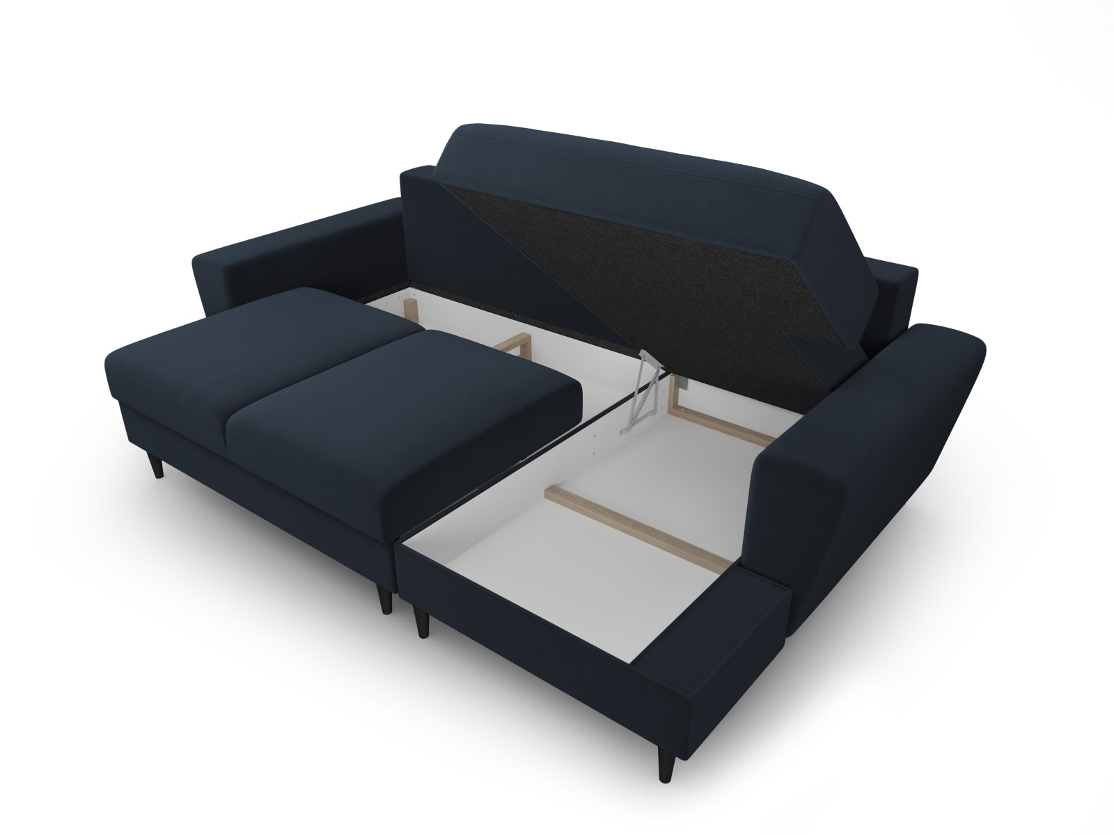 Elegantes Kyoto Ecksofa rechts mit Schlaffunktion und Stauraum, 4-Sitzer, 145 cm, in ansprechendem Blau, perfekt für stilvolle Wohnzimmer.