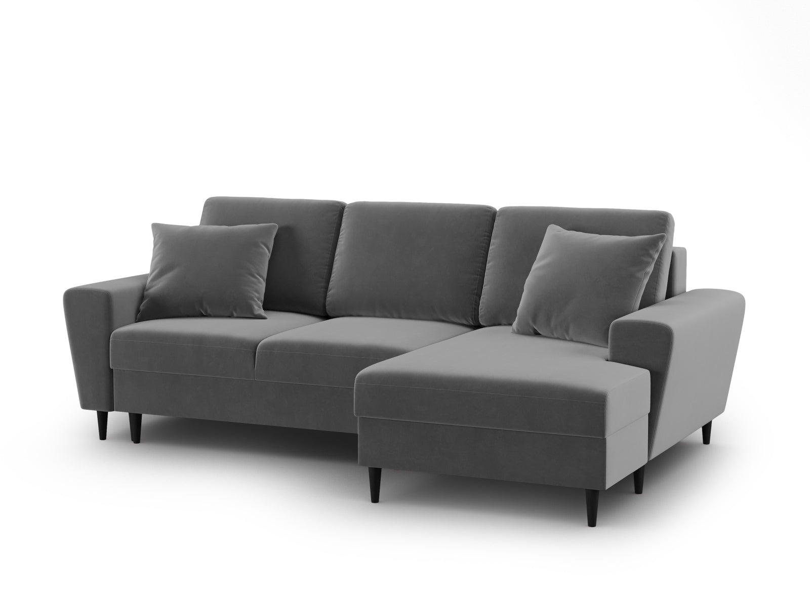 Entdecken Sie das Kyoto Velour Ecksofa rechts – ein elegantes 4-Sitzer Sofa mit Schlaffunktion und Stauraum, ideal für Ihr modernes Wohnzimmer.