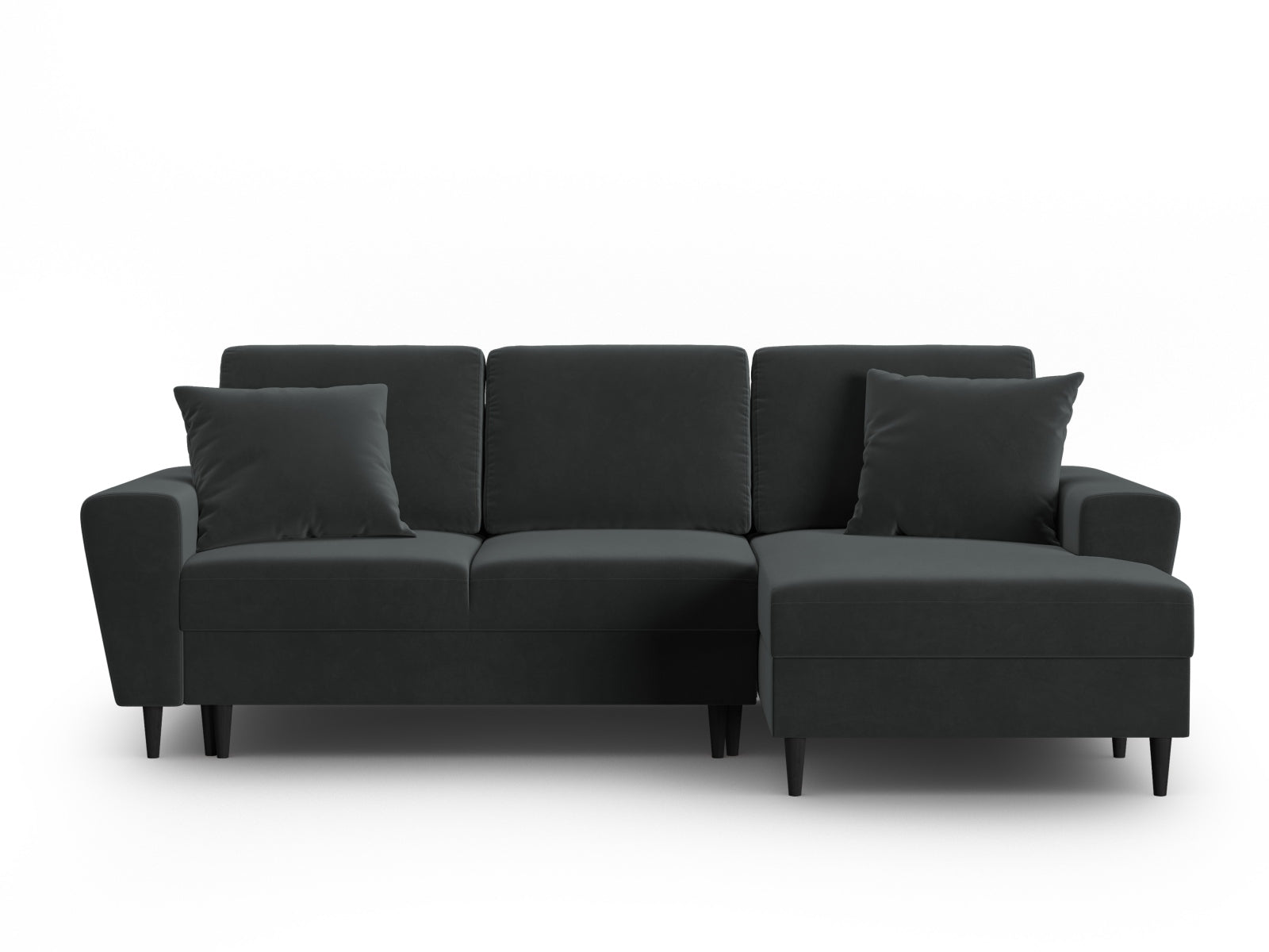 Modernes Kyoto Ecksofa rechts mit Schlaffunktion und Stauraum, 4-Sitzer in elegantem Dunkelgrau, perfekt für kleine Räume.