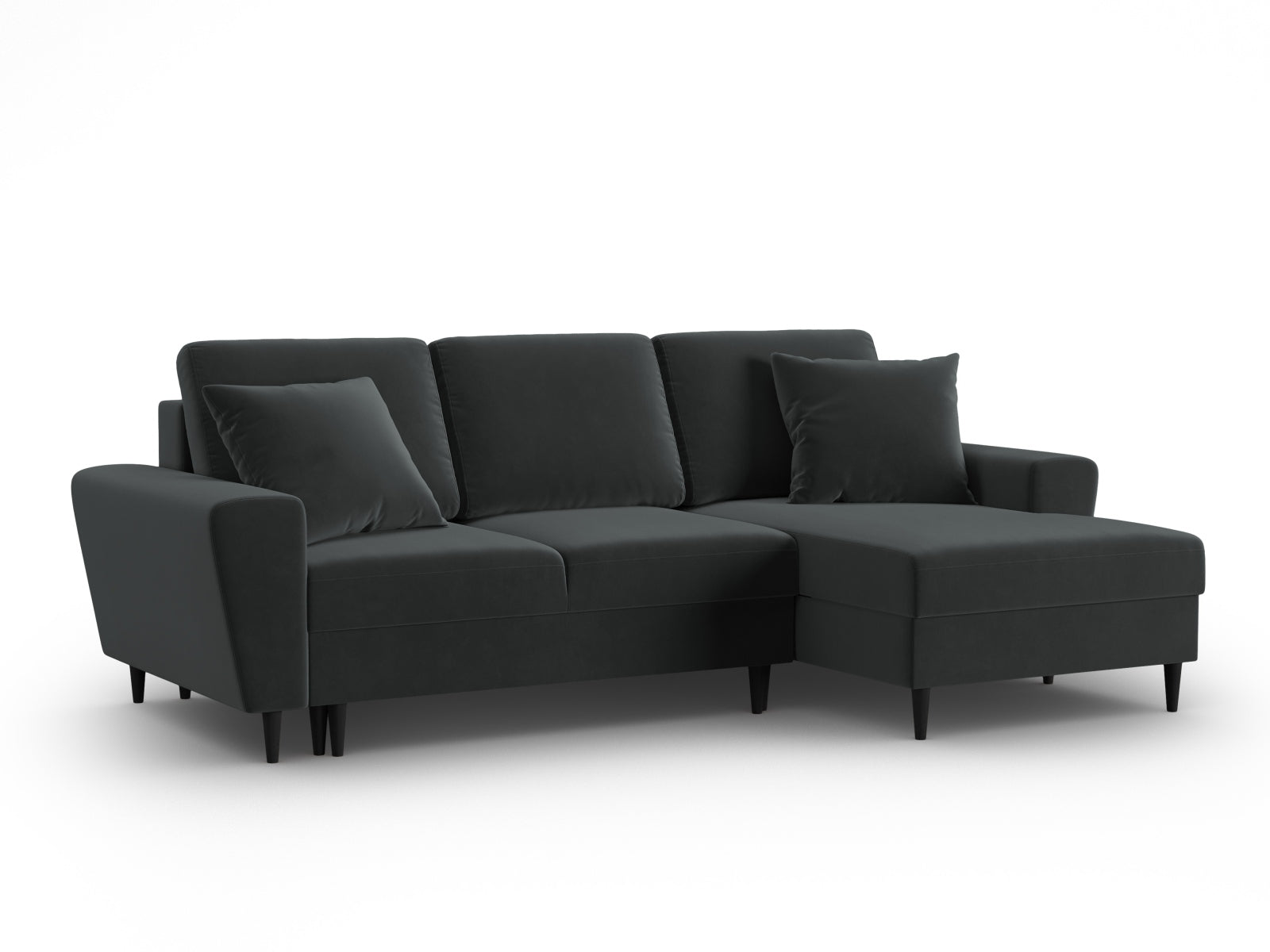 Stylisches Kyoto Ecksofa rechts mit Schlafoption und praktischer Stauraumbox, 4-Sitzer in edlem Dunkelgrau, ideal für kompakte Wohnräume.