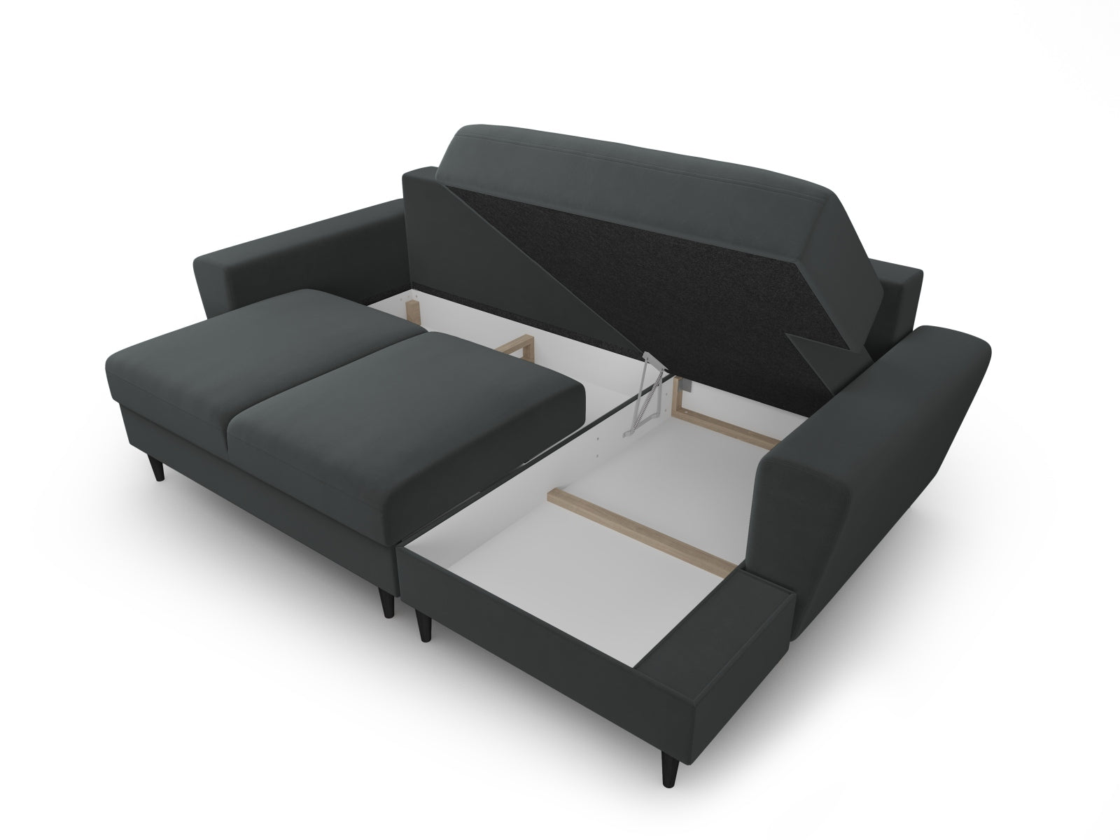 Stylisches Kyoto Ecksofa rechts mit Schlafoption und Stauraum, 4-Sitzer in edlem Dunkelgrau, ideal für platzsparende Wohnkonzepte.