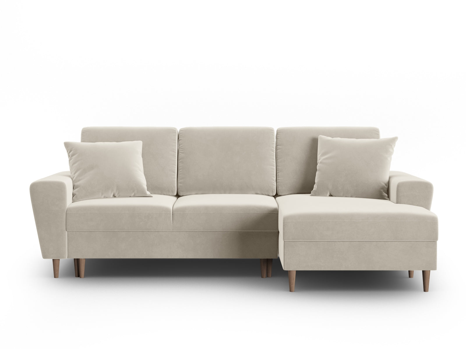 Elegantes Kyoto Ecksofa rechts mit Schlaffunktion, 4-Sitzer in hellem Beige, perfekt für gemütliche Abende und praktischen Stauraum.