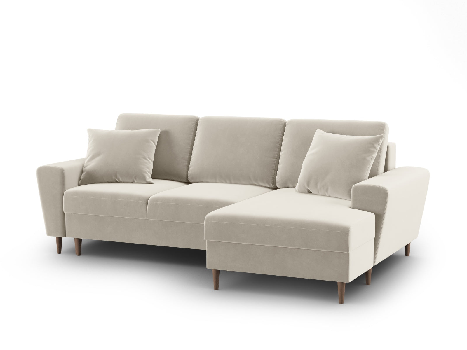 Stylisches Kyoto Ecksofa rechts mit Schlaffunktion, 4-Sitzer in sanftem Beige, ideal für entspannte Stunden und zusätzlichen Stauraum.