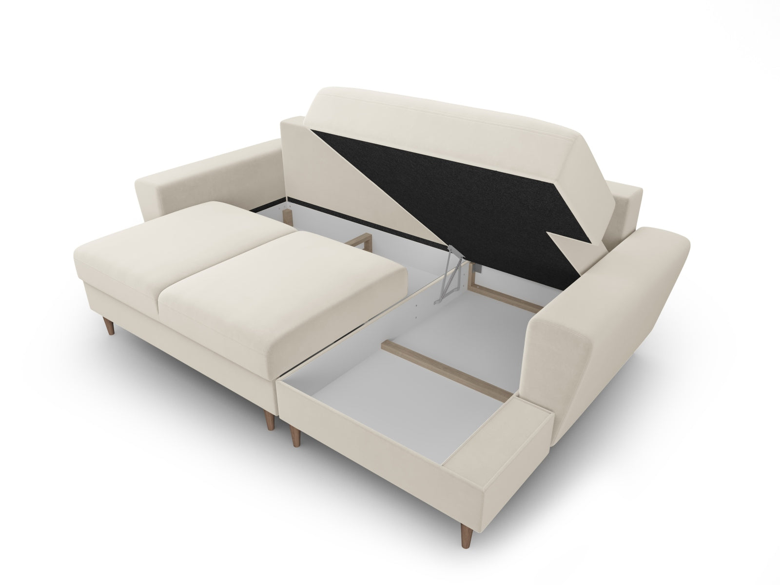 Entdecken Sie das Kyoto Velour Ecksofa rechts – ein elegantes 4-Sitzer Sofa mit Schlaffunktion und Stauraum, ideal für Ihr modernes Wohnzimmer.