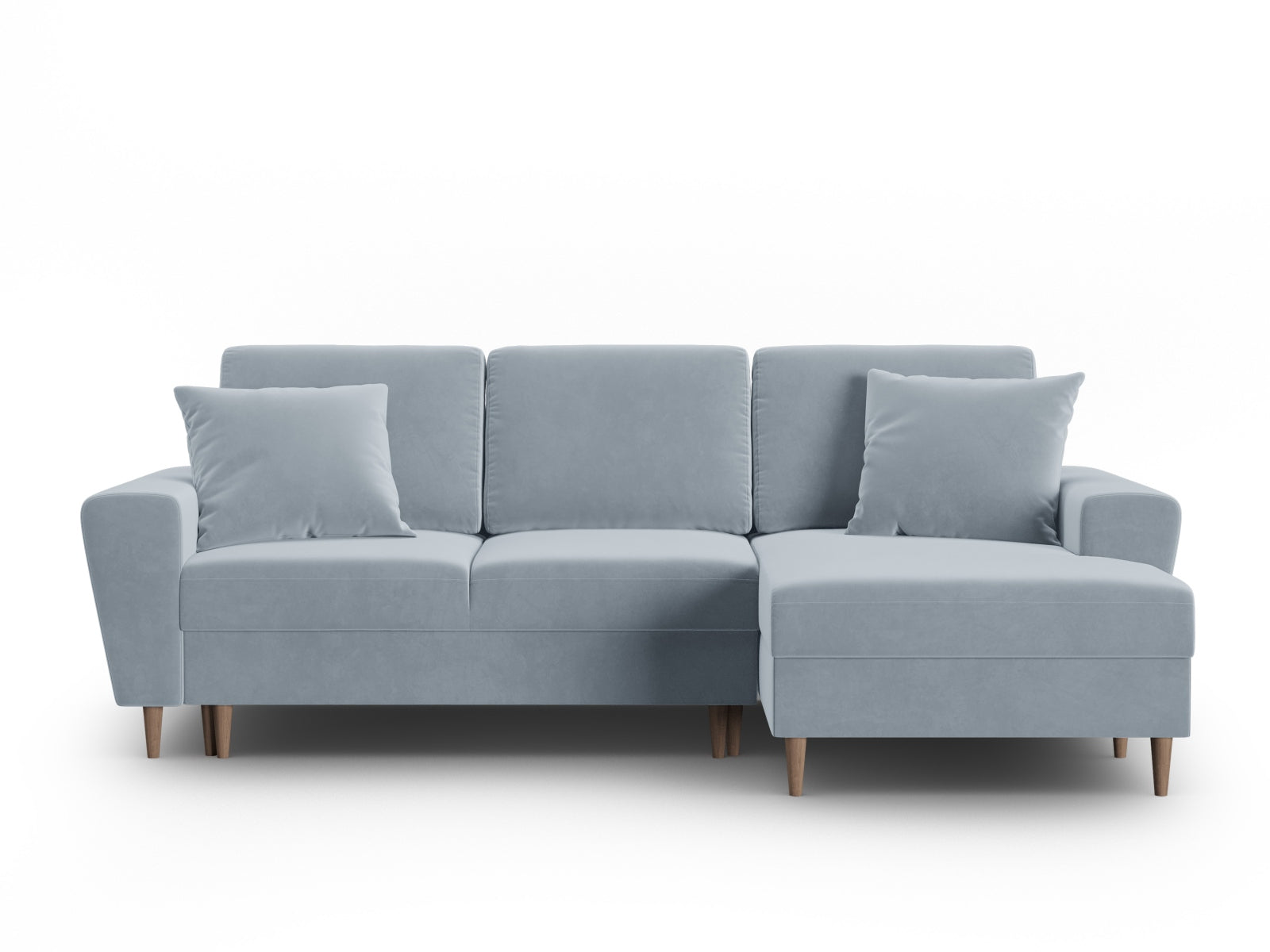 Modernes Kyoto Ecksofa rechts mit Schlafoption und Stauraum, 4-Sitzer, 145 cm, in sanftem Light Blue-Riviera für gemütliche Wohnatmosphäre.