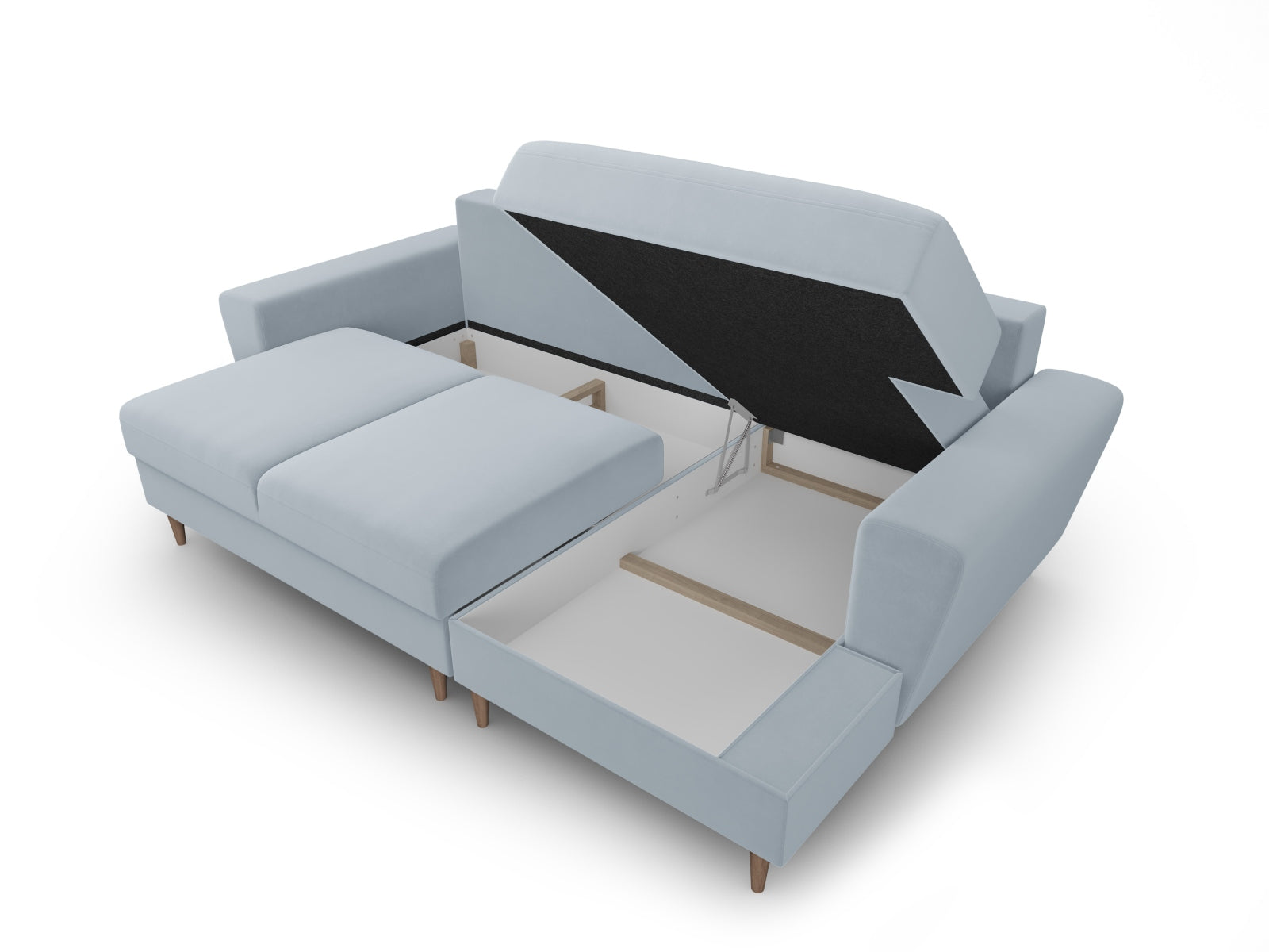Elegantes Kyoto Ecksofa rechts mit Schlafoption und Stauraum, 4-Sitzer, 145 cm, in trendigem Hellblau für stilvolle Wohnräume.