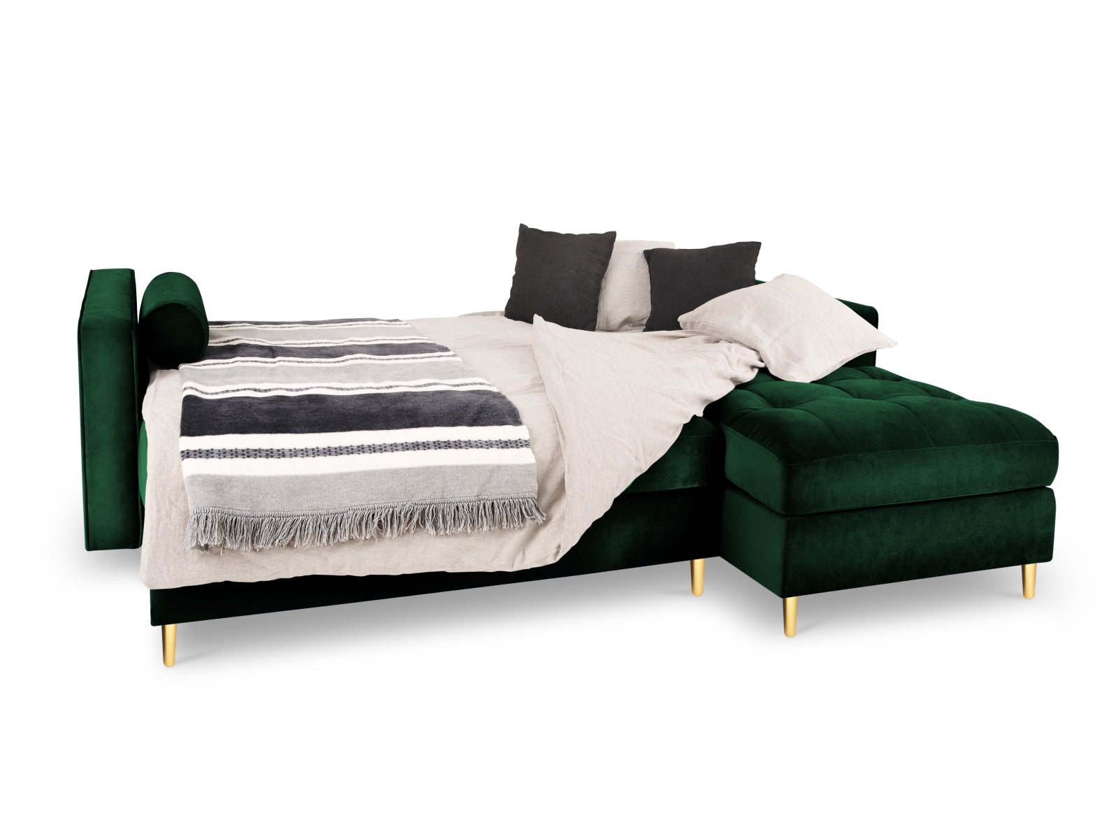 Elegantes 5-Sitzer Ecksofa in Bottle Green mit Schlaffunktion und Stauraum, ideal für stilvolle Wohnräume und entspannte Nächte.
