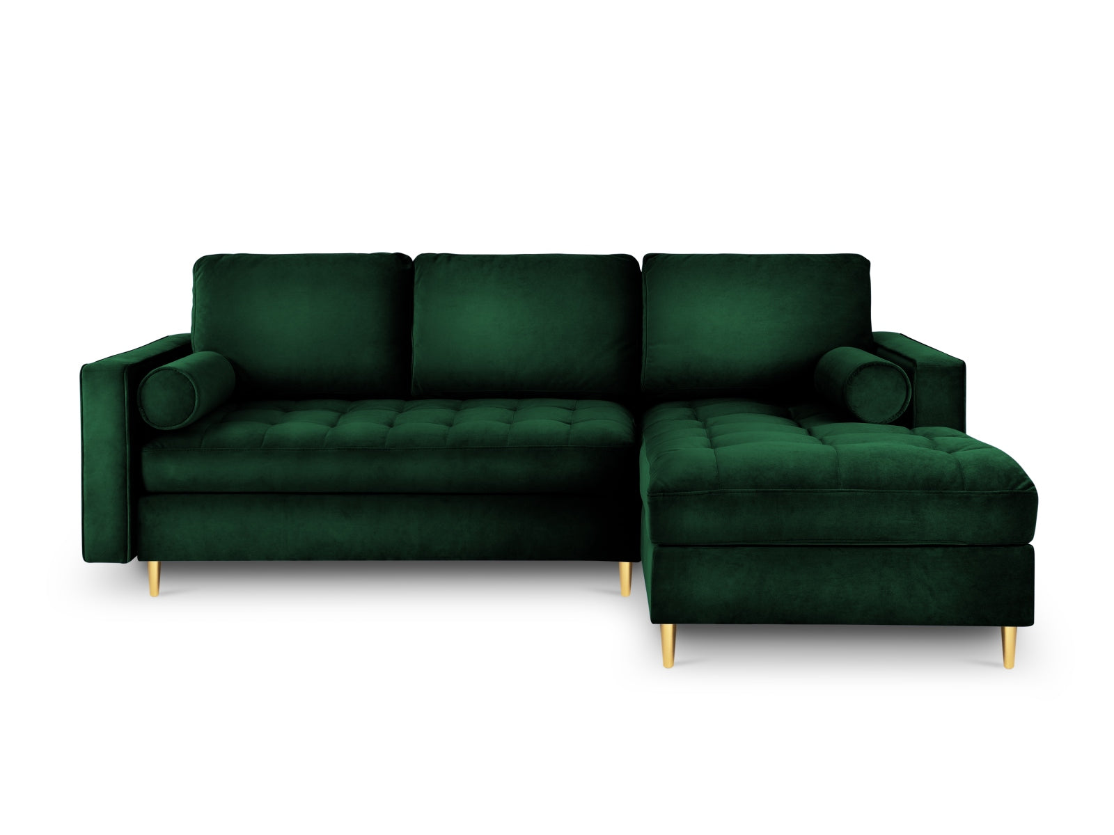 Modernes 5-Sitzer Ecksofa in tiefem Grün, ausgestattet mit Schlaffunktion und praktischem Stauraum, perfekt für gemütliche Abende.